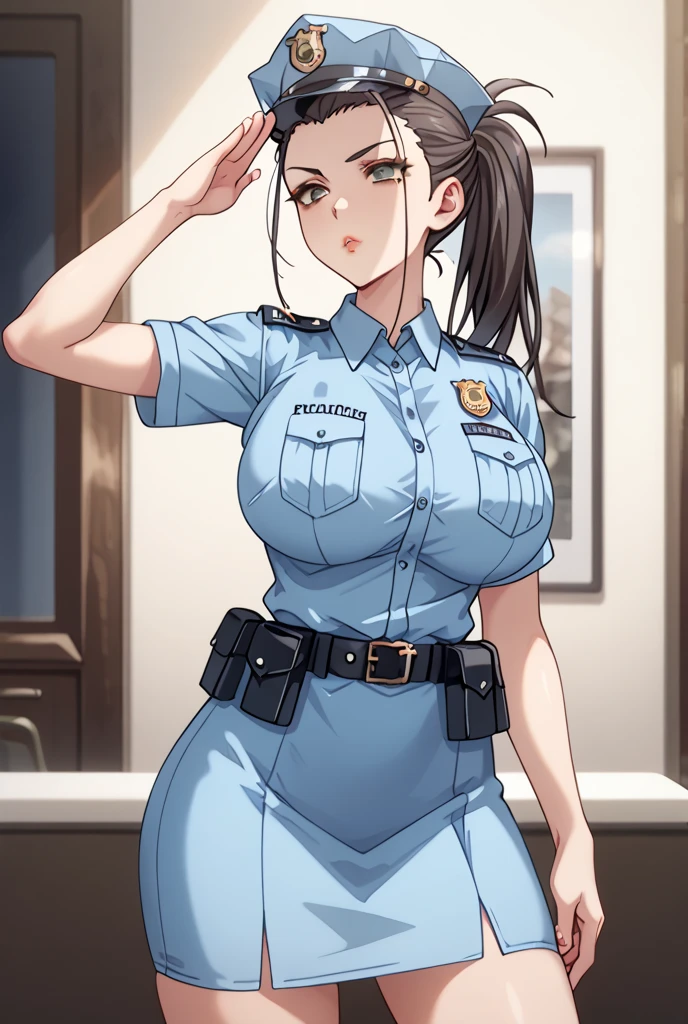  nari  hugging with ugly fat old man in orange suit , blue eyes, black hair, short hair, big breasts,big silver cluster. earrings ,hair ponytail , lipstick , police uniform 