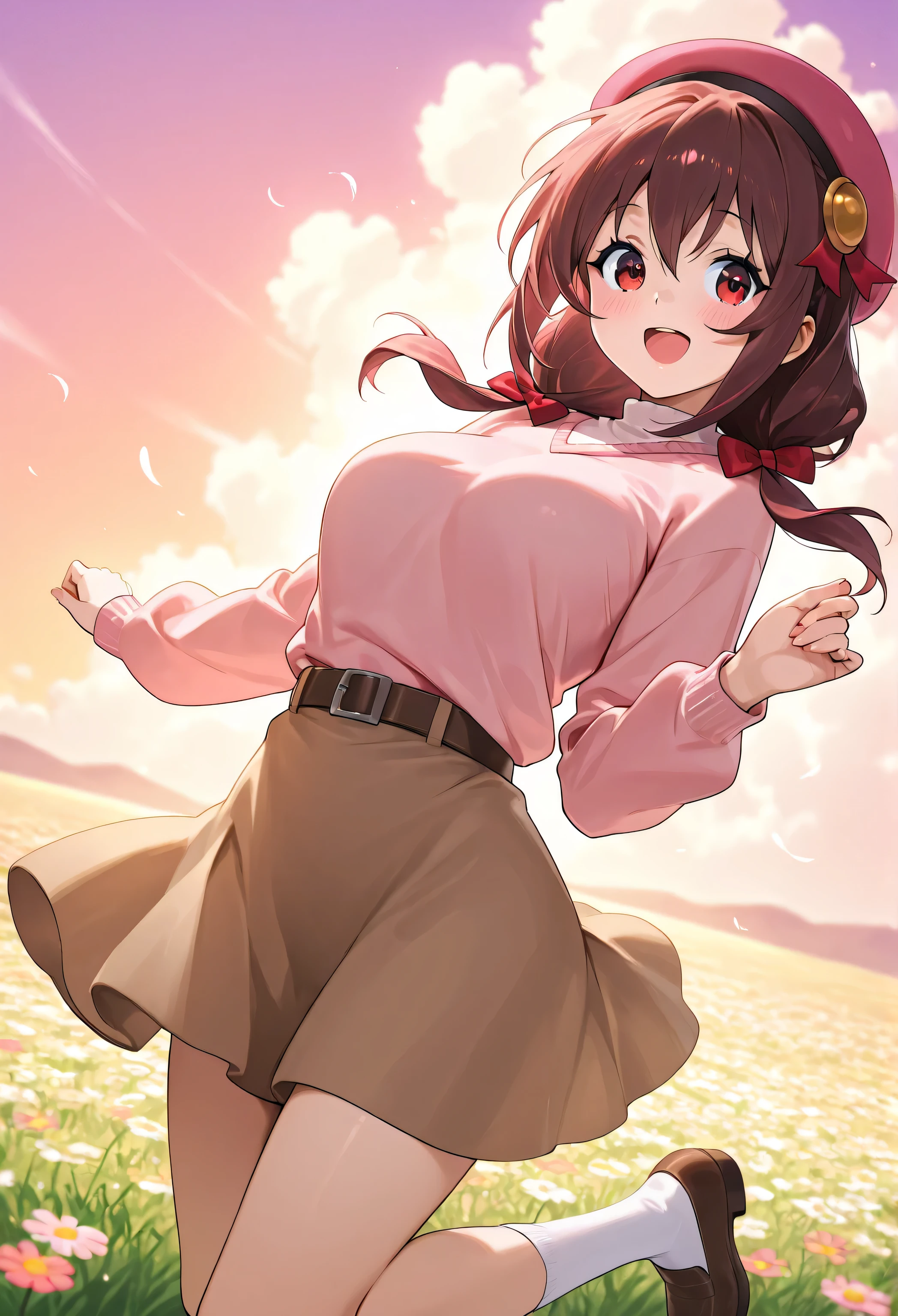Yunyun konosuba、blush、Highest Quality、Pink beret,light pink sweater,brown skirt,outside、evening、Vast cosmos field、I'm very moved、Open His Mouth、very happy、Stunning、Look back、See later、dances happily、Dance、viewed from below、I'm jumping