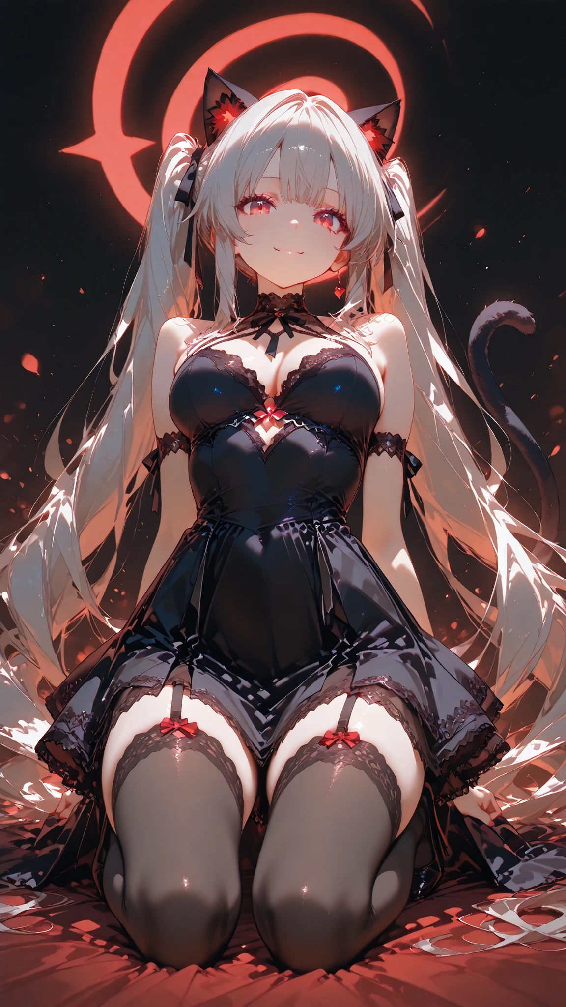 Masterpiece, Ultra High Resolution,Woman in a Sexy Dress with Cat Ears,Smile,gray hair,twin tail hair,Intricate Dress Decorated with Delicate Lace and Black Ribbons,costumes with vivid red and black contrasts,,perfect makeup and long false eyelashes,Kneeling,black background,fantastic scenery illuminated by neon light,Glowing light particles