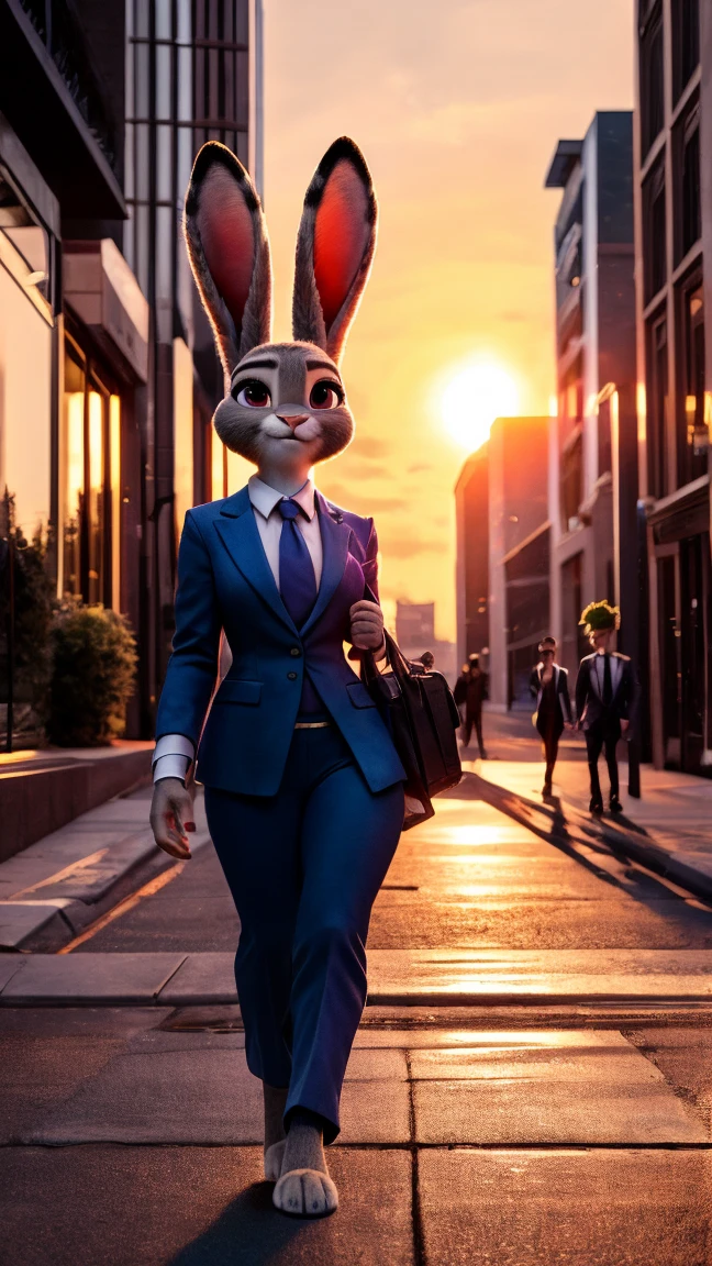 best quality, masterpiece, 3D anime, ((solo)), ((1girl)),  ((Face is JudyHopps)), (long ears like a rabbit:0.8), Heir is beige bobheir style, Body is human lady,  suit, (two-piece suit:0.5), office business suit stlye, (the suit is made of wool:1.4), suit color is {gray stripe, red, yellow, green, white, black}, ((skin is silver with fluffy and fluffy)), back view, sideways glance, In the background there is a secret room, ((She is standing in front of the photocopier, a look of surprise, blushing in the cheeks))