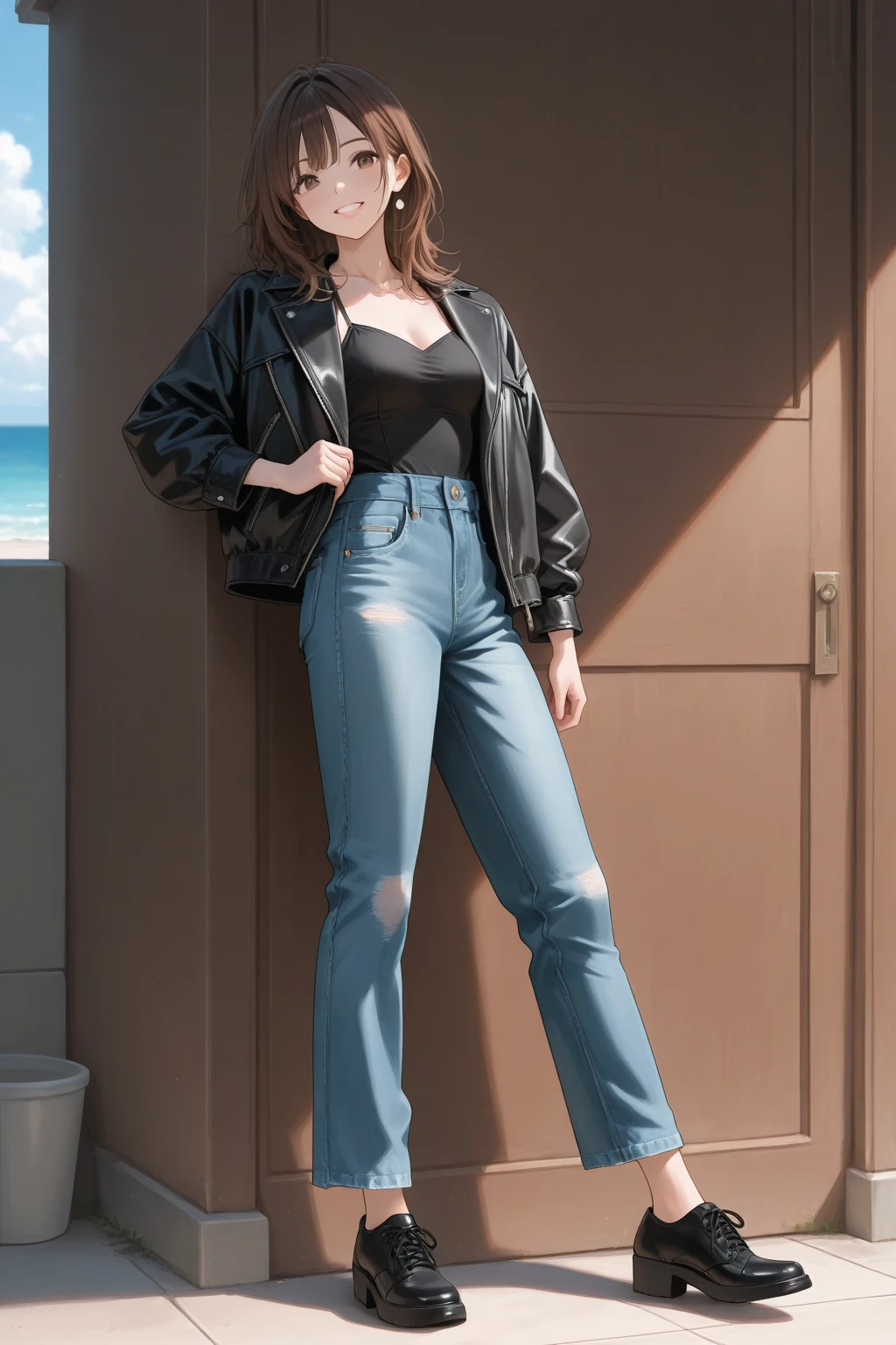 (8k、RAW Photos、Highest quality、masterpiece:1.2)、(Realistic、Realistic)、1 girl、((In town、smile、、tights、Sleeveless、Shorts、boots、Look forward、Stand with hands on ))、