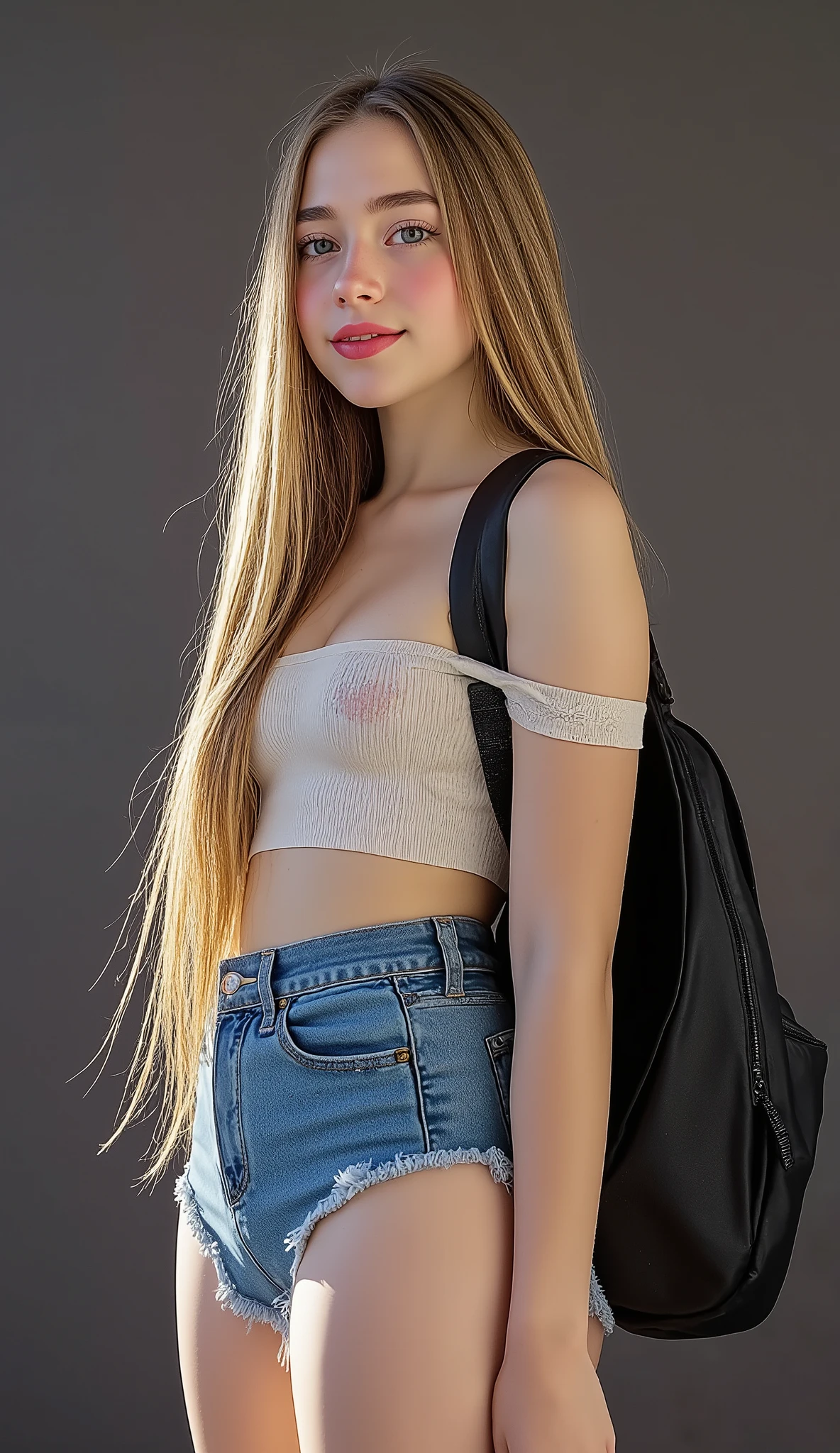 A captivating view of a beautiful student at school.
A charming girl with fair, freckled skin, pale complexion, and small, firm breasts (puffy nipples with large tips).
Very long, straight, blonde hair, a super cute and charming young woman. A mole on her face, light eyes, dimples, a sexy, charming, and sweet young Latina with a sweet and innocent face. She is slim with a thin waist. She is facing away, showing off her butt in short denim shorts tucked into her butt, a short schoolgirl top with nipple volume, a backpack on her back, a low-angle shot focusing on the bottom of her butt, a puffy pussy, pubic hair, close-up. Pink gloss on her lips, large, full lips, white and dark streaks, very long hair, hoop earrings, high definition, sensual eyes.
In frayed shorts tucked into her butt (perfect body), (layered look), dropped straps, off-the-shoulder. Sexy. Sweet smile.
Focus on perfection! She looks seductive when she looks at the viewer. A provocative, excited girl.