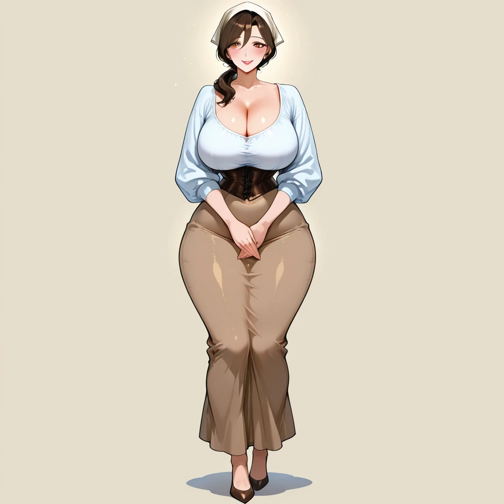 score_9, score_8_up, score_7_up, ASCII masterpiece, source_anime, BREAK, 1girl, solo, (( <lora:cho_mi-kyung:1> , cho_mi-kyung, thin waist, wide hips, beautiful skin, beautiful brown eyes, clear eyes, bright pupils, beautiful eyes, beautiful brown hair, huge and shaggy breasts, natural beauty, extraordinary beautiful woman, attractive woman, super sexy woman, lustful body, sexy woman with seductive obscene body, sensual body, voluptuous body, sexy beauty, most beautiful milf, no piercings, no piercing, )),  ((formal, sexy white frilled top, blue shirt, brown pencil skirt, single hair braid with blue scarf, hair over shoulder, )) , closed mouth, sexy pose, seducative smile, cowboy shot, smile, sexy, hands behind hips,