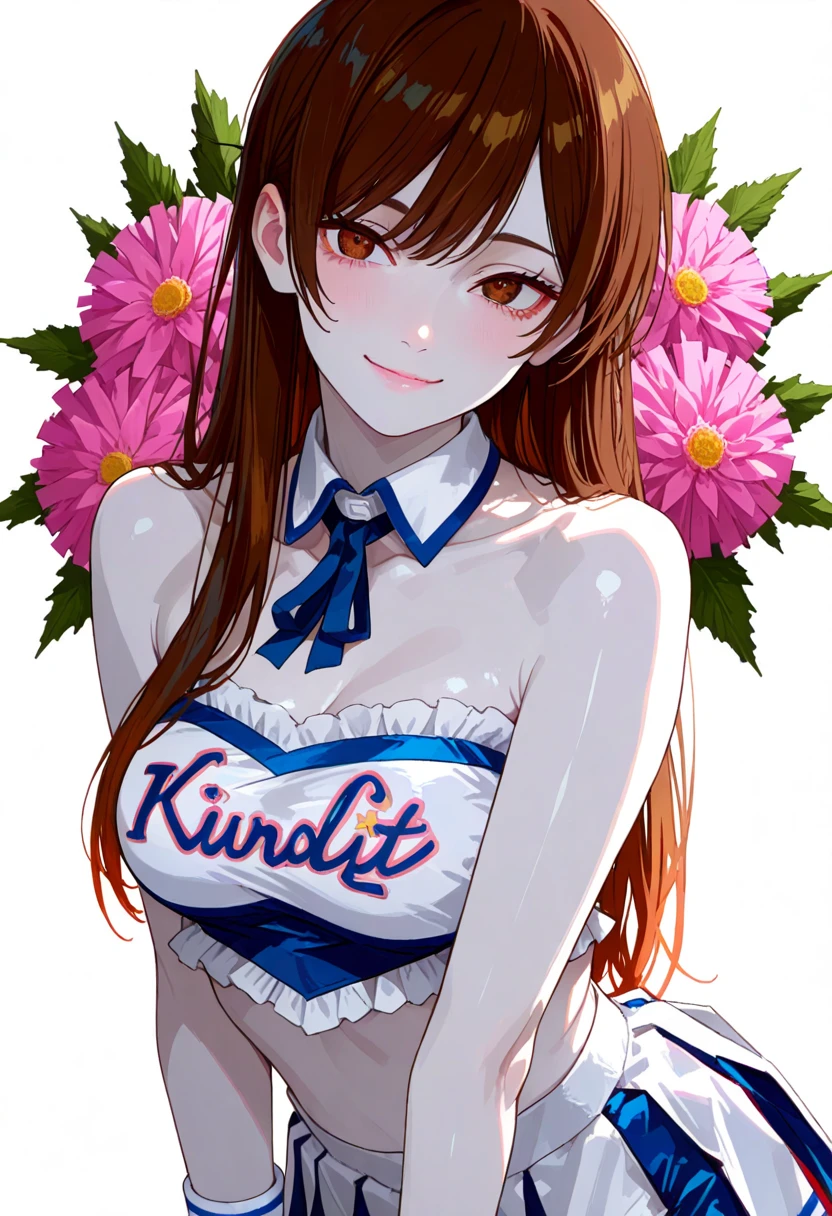 light brown hair, ahoge, high ponytail, orange ribbon, hair ribbon, hair between eyes, hairclip, food-themed hair ornament, short hair, brown eyes, ,　, live stage, large Breasts, ,, (wearing nothing: 1.5), smile　solo 