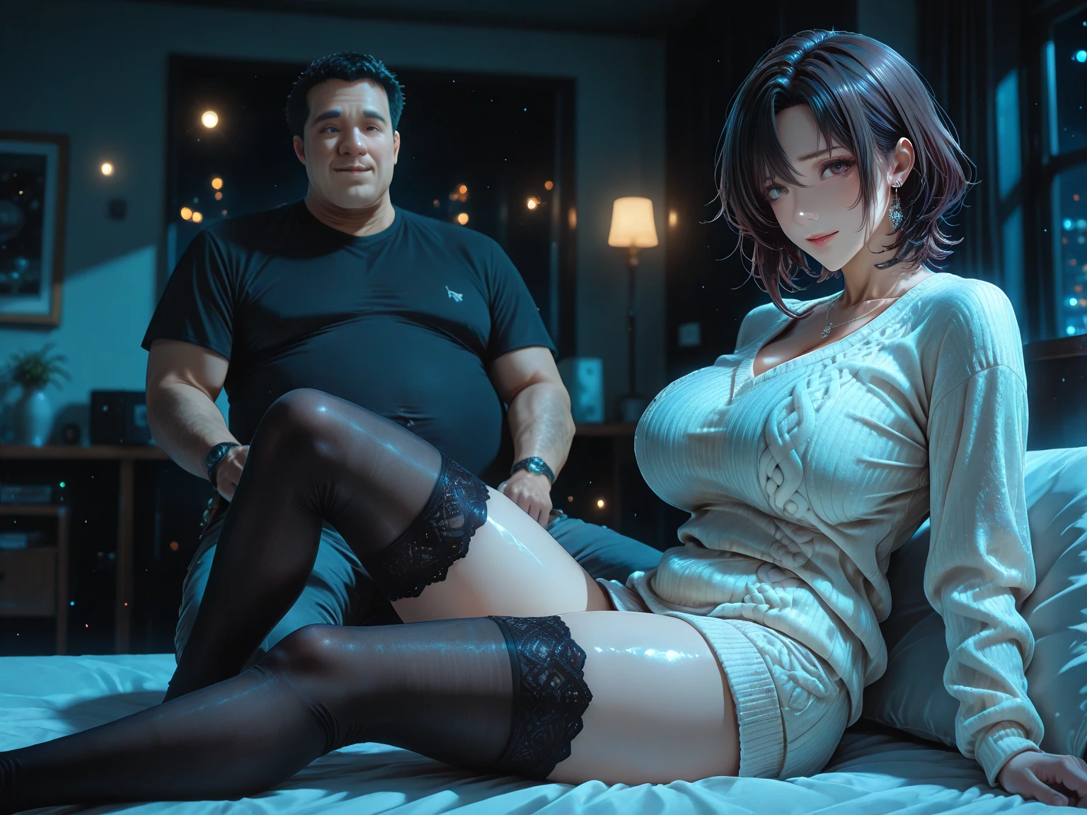 there is a woman in a ?????? sitting on a bed next to a man, dominant pose, Keep same as original photo,thock,chubby,Big massive ??????,photorealism,photorealistic,8k,HDR,black ??????,black hair