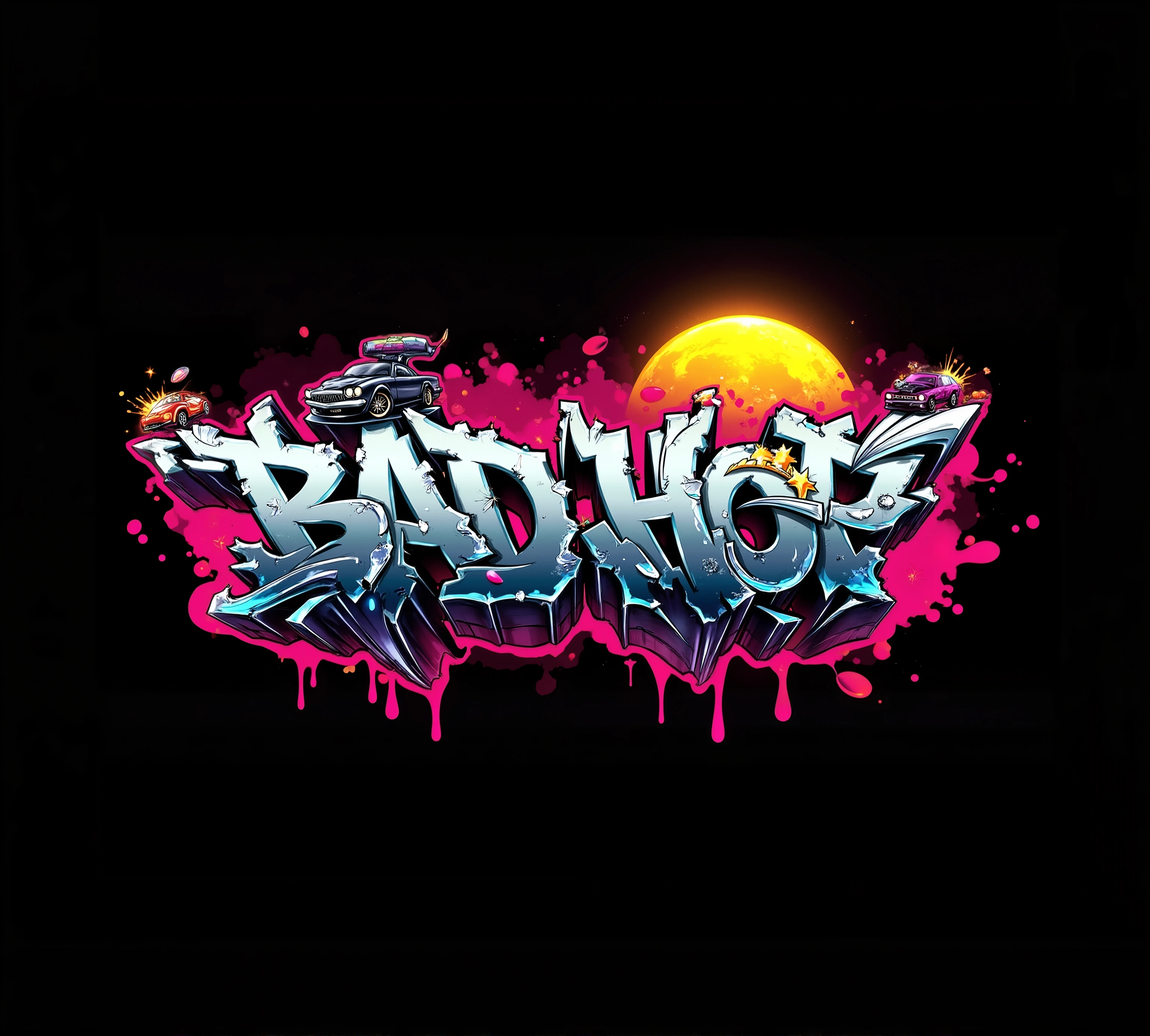 GRFTI digital graffiti art, ((word "BAD HOPの" Bold)), to add 3D effects , backgrounds are dynamic , for、 splashes of spray paint are dripping . A black and neon pink car and a golden moon are written on it. フィギュアforグラフィティアートの典型的な特徴が強調されています , , 、the silver and black colors stand out vividly , Taken with 、 with a black digital background , The image is、focuses only on typography and mural elements, The Word , artwork is separated on a frame