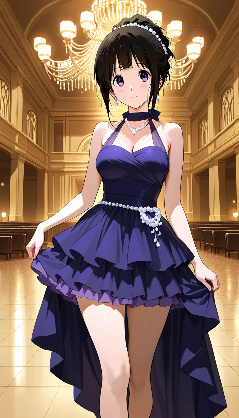 (masterpiece, best quality, high resolution, 8k),anime art style, Shinoa, 1 girl, dark brown eyes, medium breasts, smile, hair ribbon, (flapp3r, black flapper dress, blue flapper dress, red flapper dress, green flapper dress, flapper dress, earrings:1.2), alone, standing,dynamic Angle cowboy shot,