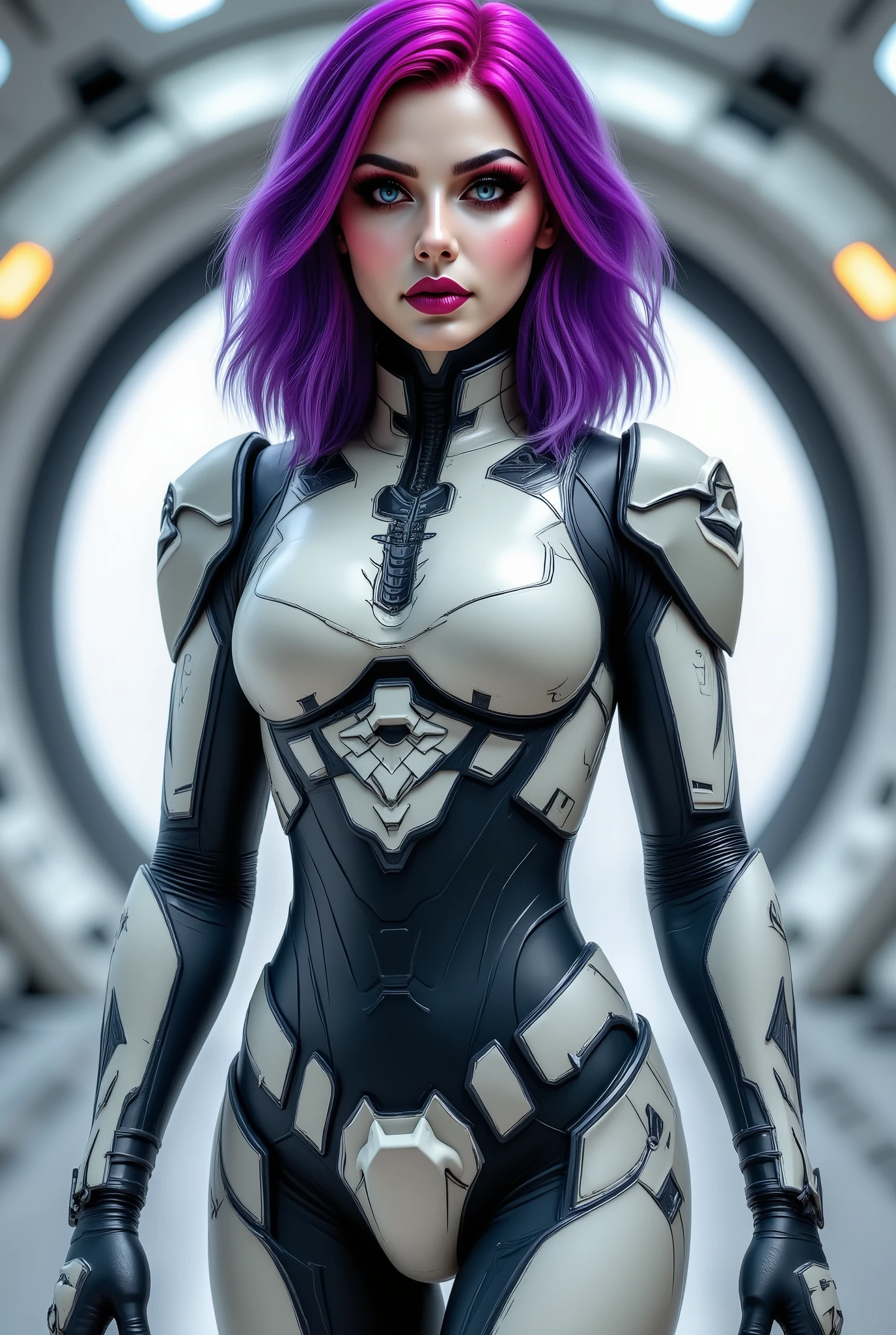 The image is a semi-vector style digital illustration featuring a beautiful cyborg woman with purple and magenta hair, her body armor is built from an unknown metal, indestructible and has a matte finish, in the background we see the inside of a futuristic spaceship, use depth of field to make our cyborg stand out and the center of attention, distant future aesthetic, 3d render, modern comic book style