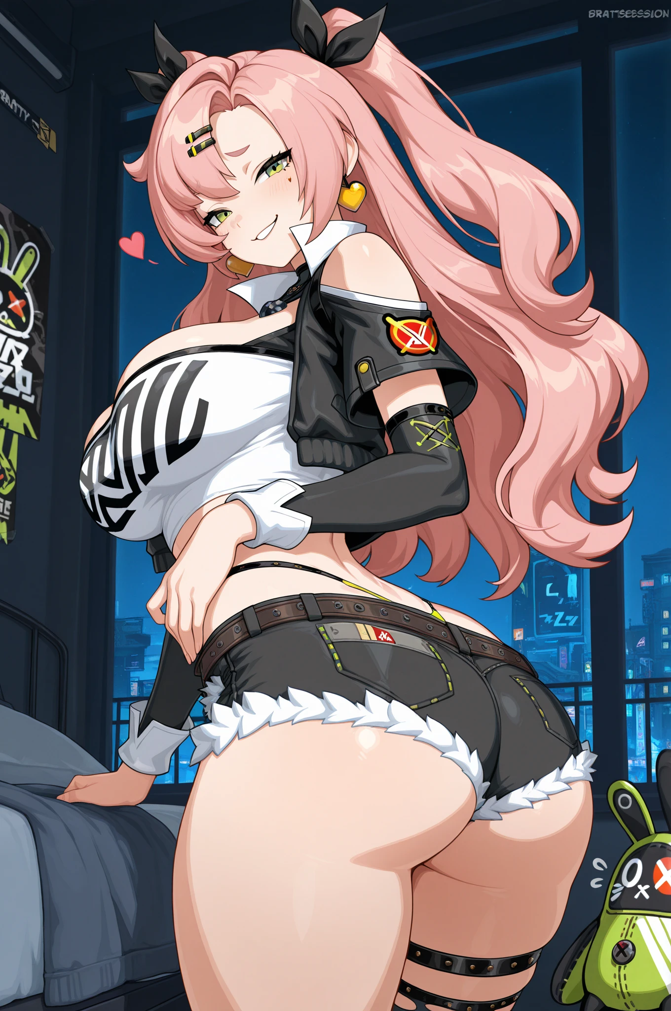 safe_pos, safe_pos, Masterpiece, best quality, official look style, nicole demara-ixl, ((pink hair)), long hair, (two side ups), (asymmetrical bangs, two black hairclips, black hair ribbons), green eyes, yellow heart earrings, mole under eye, (), hyper , thick thighs, wide , default outfit, white tubetop, cleavage, midriff, black cropped jacket, gold symbol on back of jacket, shoulder cutouts,  shoulders, short jacket sleeves, black elbow gloves, wrist cuffs, white jacket collar, black fur-trimmed shorts, tiny shorts, Green and yellow heart symbol on shorts, gold spiked o-ring  strap, gold spiked o-ring thigh strap, single torn thighhigh, single thighhigh, looking back at viewer, smile, blush, smug, solo, solo female, street, cowboy shot, , squatting, ,