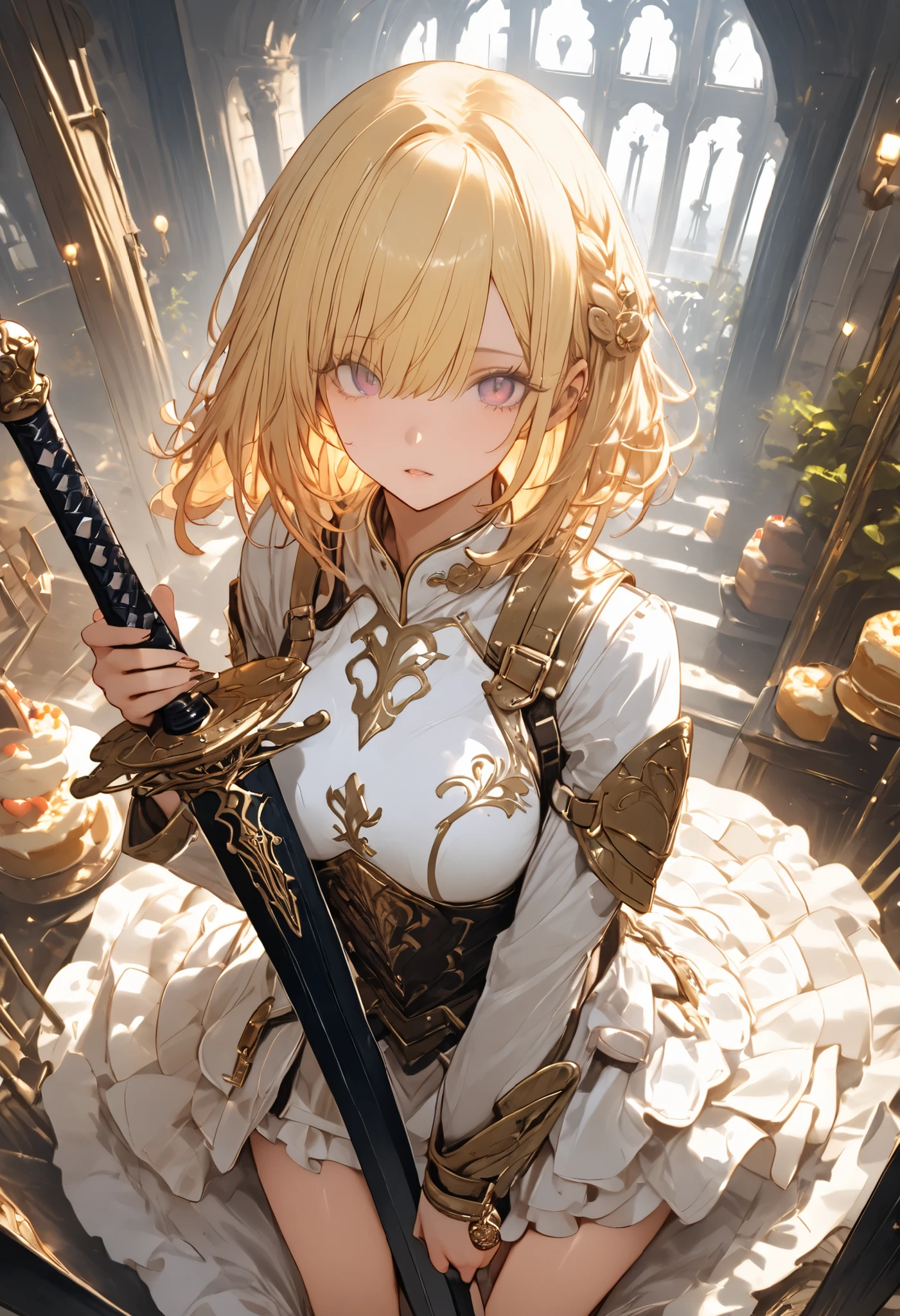 Knight of Cakes、The personification of a cake、Cookie Armor 、((big black sword:1.2))、((swordsman))、Beautiful girl、Candy Castle、 Cookie Bricks、((from above:1.2)),The Knights in Armor、strong pose、Cream dances、(masterpiece,Highest Quality,ultra detail,超high definition,detailed background),(1girl),watch the viewers,solo,masterpiece，（masterpiece），fuill body ,best quality ，（Highest Quality）， cinematiclighting ，（Cinematic Lights）、beautiful detailed eyes ，eye detail connected to an electric wire，uitra-detailed，（Super Detailed），highresolution， （high definition），8k，8K resolution，official art，（official illustration style），