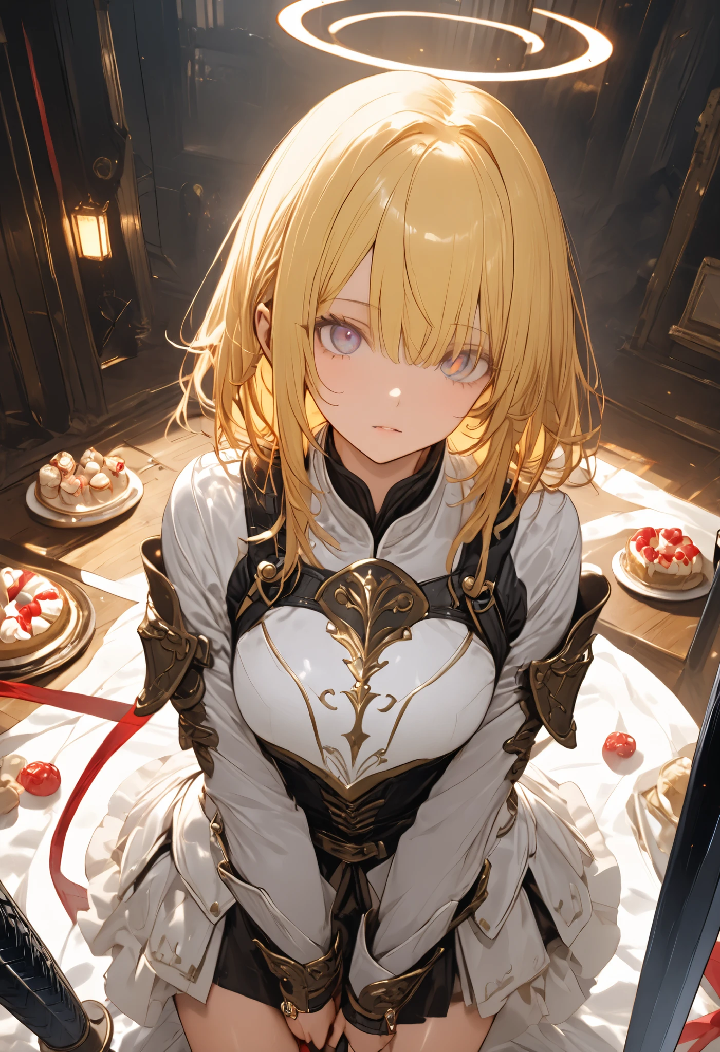 Knight of Cakes、The personification of a cake、Cookie Armor 、((big black sword:1.2))、((swordsman))、Beautiful girl、Candy Castle、 Cookie Bricks、((from above:1.2)),The Knights in Armor、strong pose、Cream dances、(masterpiece,Highest Quality,ultra detail,超high definition,detailed background),(1girl),watch the viewers,solo,masterpiece，（masterpiece），fuill body ,best quality ，（Highest Quality）， cinematiclighting ，（Cinematic Lights）、beautiful detailed eyes ，eye detail connected to an electric wire，uitra-detailed，（Super Detailed），highresolution， （high definition），8k，8K resolution，official art，（official illustration style），