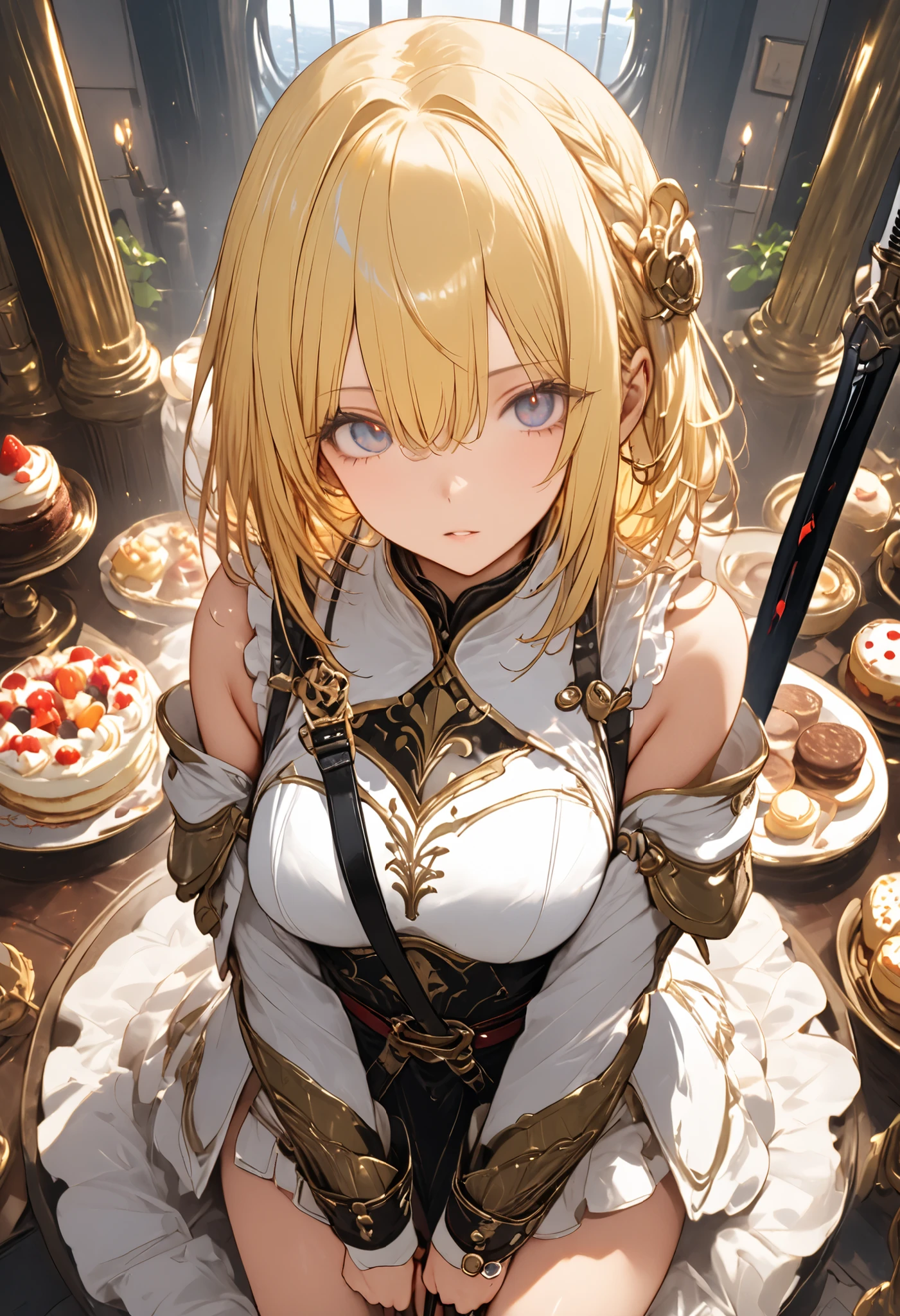 Knight of Cakes、The personification of a cake、Cookie Armor 、((big black sword:1.2))、((swordsman))、Beautiful girl、Candy Castle、 Cookie Bricks、((from above:1.2)),The Knights in Armor、strong pose、Cream dances、(masterpiece,Highest Quality,ultra detail,超high definition,detailed background),(1girl),watch the viewers,solo,masterpiece，（masterpiece），fuill body ,best quality ，（Highest Quality）， cinematiclighting ，（Cinematic Lights）、beautiful detailed eyes ，eye detail connected to an electric wire，uitra-detailed，（Super Detailed），highresolution， （high definition），8k，8K resolution，official art，（official illustration style），