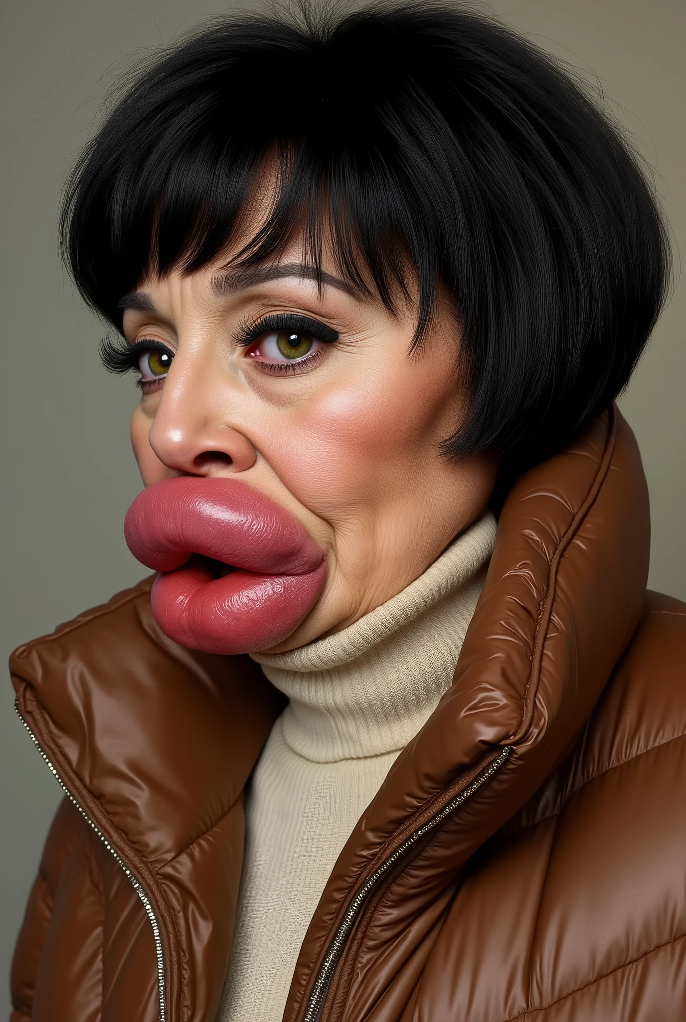 Ultra realistic side view portrait of a mature Italian woman in her 60s, looking very posh and overdone, with short black hair styled with bangs, a small Italian nose, and exaggerated cosmetic enhancements. Her lips are extremely full, round, and glossy from multiple filler injections, her cheeks are puffy and lifted, and her skin looks tight and smooth from facelifts and Botox. She has striking green eyes framed by thick eyelashes and heavy makeup. Her expression is snobby, proud, and confident, giving off an upper class vibe. She is wearing a tight beige ribbed wool turtleneck sweater underneath a brown thick shiny super expensive puffer jacket that enhances her rich and luxurious appearance. The lighting is soft and cinematic, the background is minimal and elegant, the image is ultra detailed, realistic, high fashion editorial style, 8k, Canon EOS R6 Mark II, natural skin texture with visible makeup detail, cinematic depth of field.