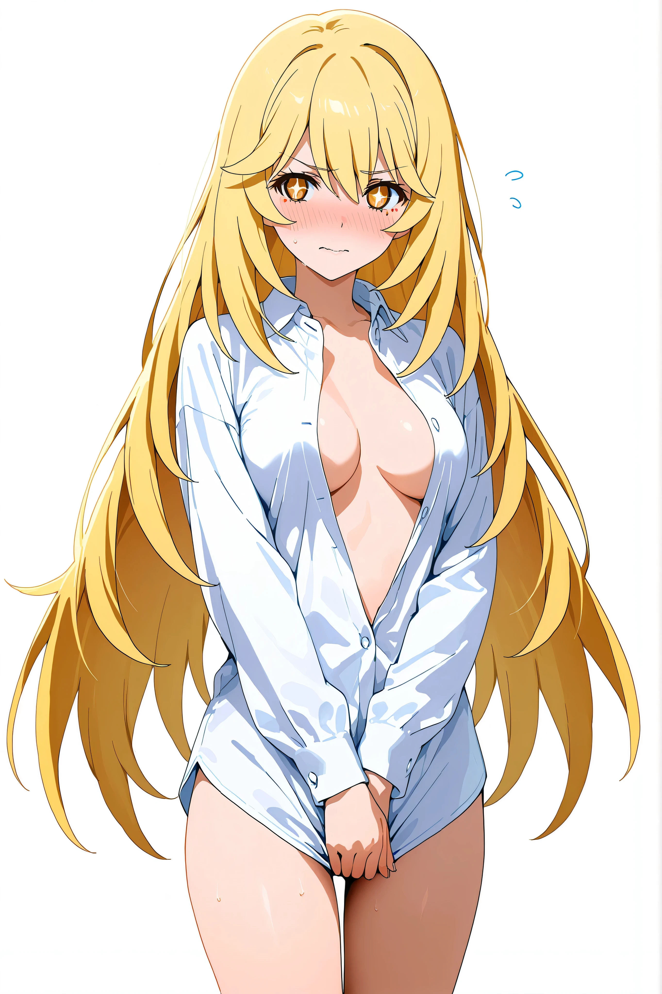 medium breasts、(((shokuhou misaki)))、standing、from front、embarrassed、white background、simple background、open shirt、white shirt、covering crotch、cowboy shot、bare legs