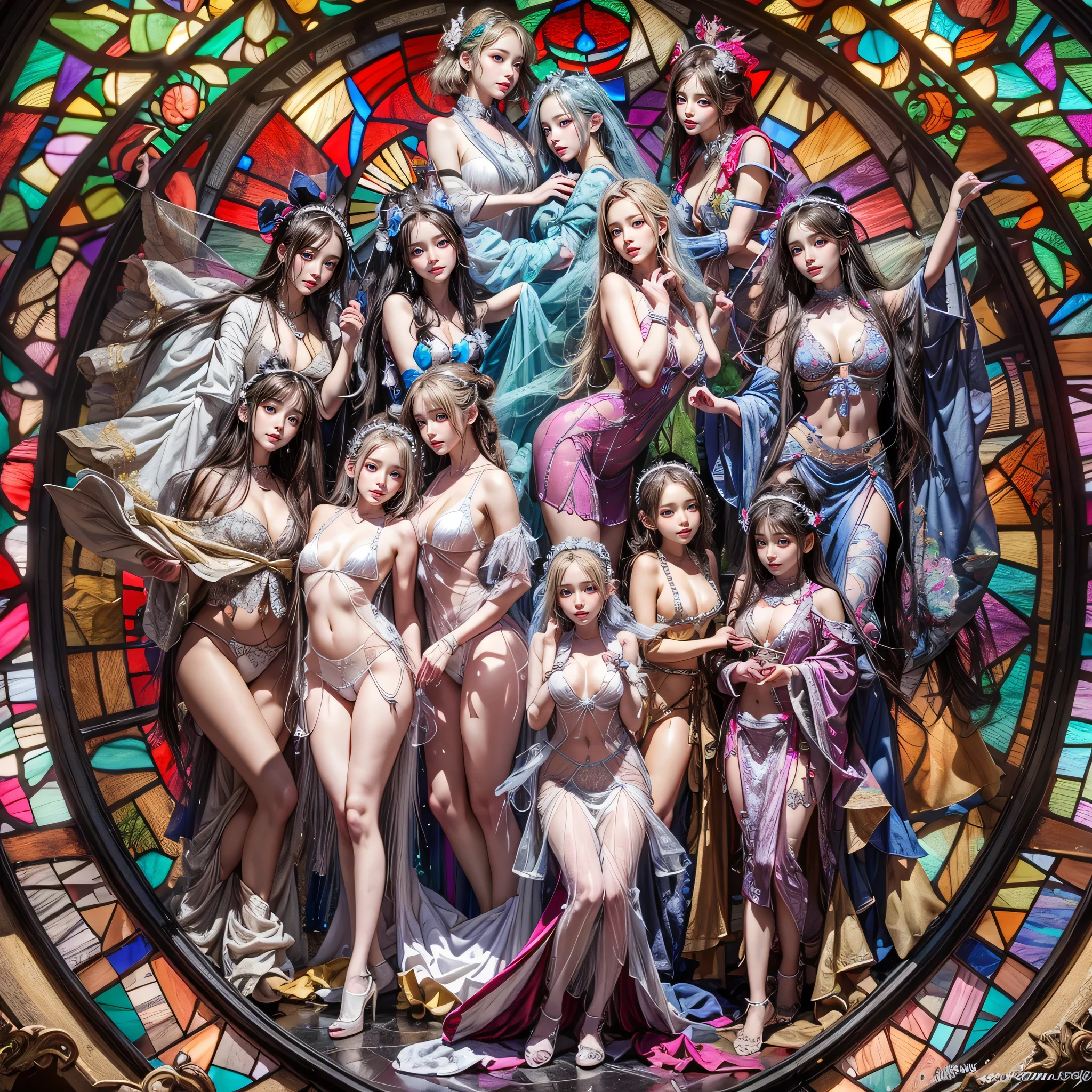 (stained glass Background, Masterpiece, White and vivid colors, (Exposed:1.2), (??????:-0.9)), (9 ???? junior idols in row), ((face variations, Hair variations)), { Navel | ??? }, portrayed in the best quality and high resolution. The image should be ultra-detailed, realistic, and photorealistic with a touch of rawness. concept art. The color tone should be vibrant and vivid, enhancing the overall visual impact. (Whole Body proportions and all limbs are anatomically accurate), (Vivid Colorful light shines through the delicate stained glass).