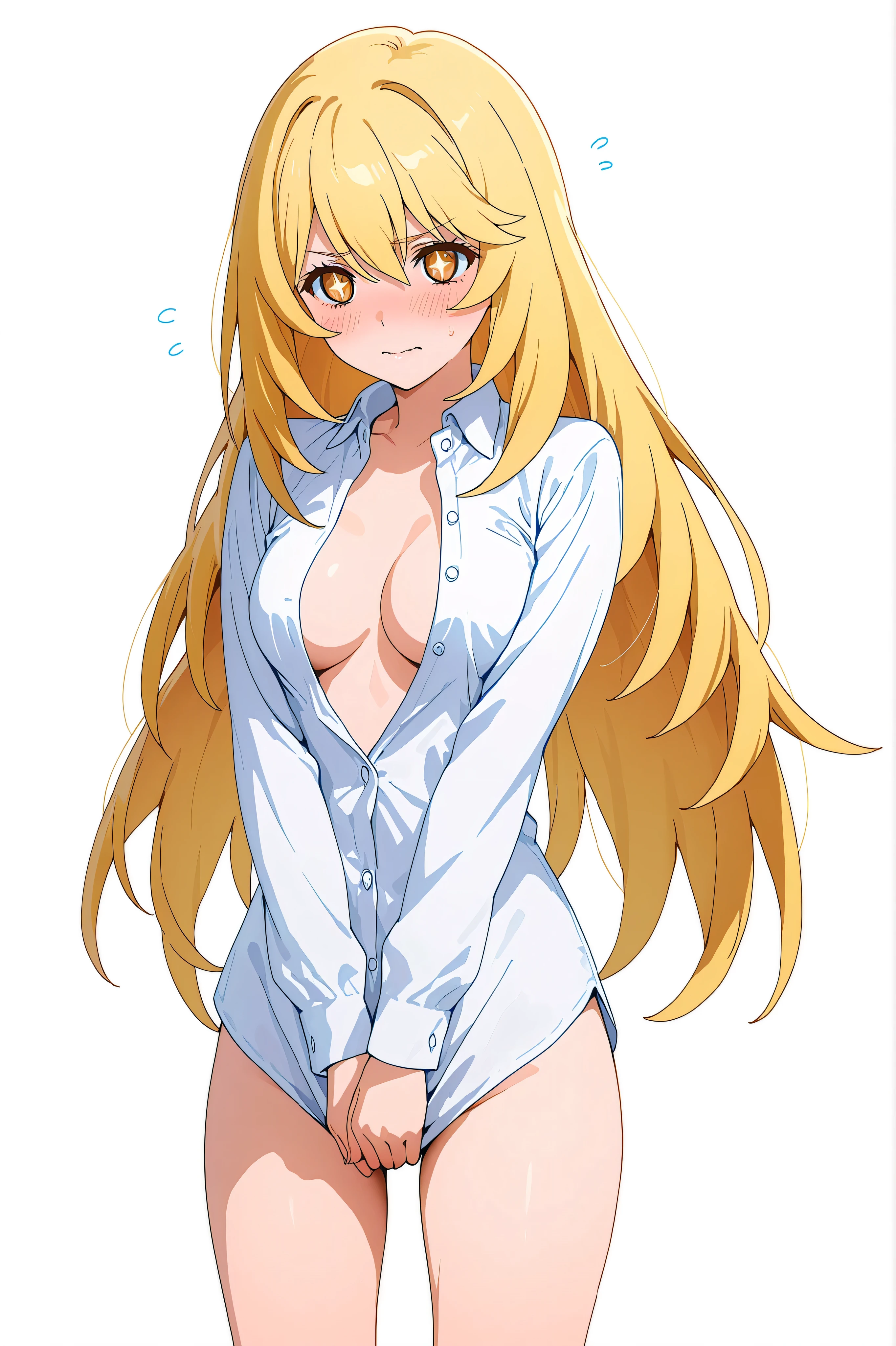 medium breasts、(((shokuhou misaki)))、standing、from front、embarrassed、white background、simple background、open shirt、white shirt、covering crotch、cowboy shot、bare legs