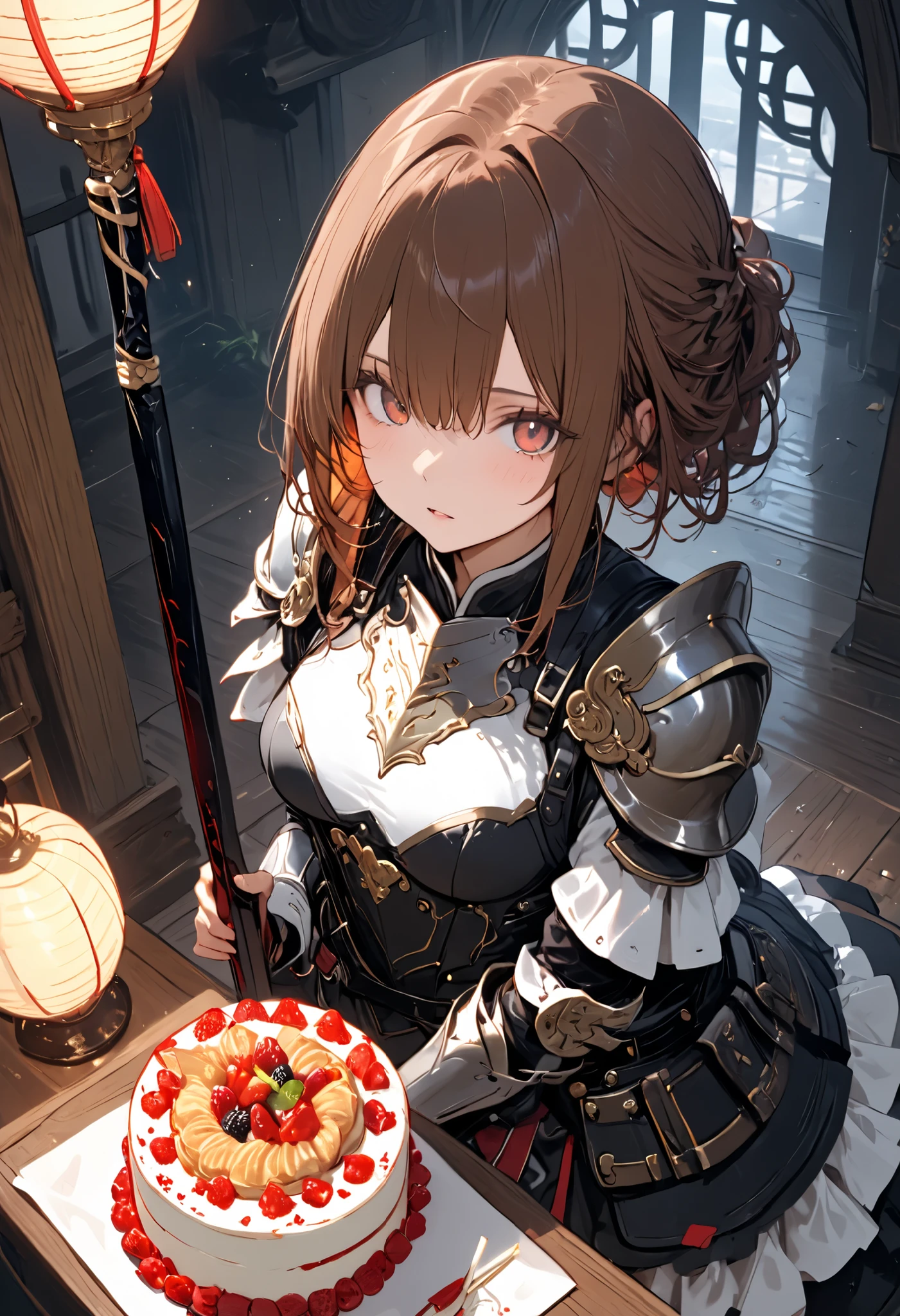 (((Knight of Cakes)))、The personification of a cake、Cookie Armor 、((big black sword))、((swordsman))、There's a big sword stuck in the floor、Beautiful girl、brown hair、Candy Castle、 Cookie Bricks、((from above:1.2)),The Knights in Armor、strong pose、Cream dances、Lantern Light、(masterpiece,Highest Quality,ULTRA DETAIL,超high definition,detailed background),(1girl),watch the viewers,solo,masterpiece，（masterpiece），fuill body ,best quality ，（Highest Quality）， cinematiclighting ，（Cinematic Lights）、beautiful detailed eyes ，eye detail connected to an electric wire，uitra-detailed，（Super Detailed），highresolution， （high definition），8k，8K resolution，official art，（official illustration style），