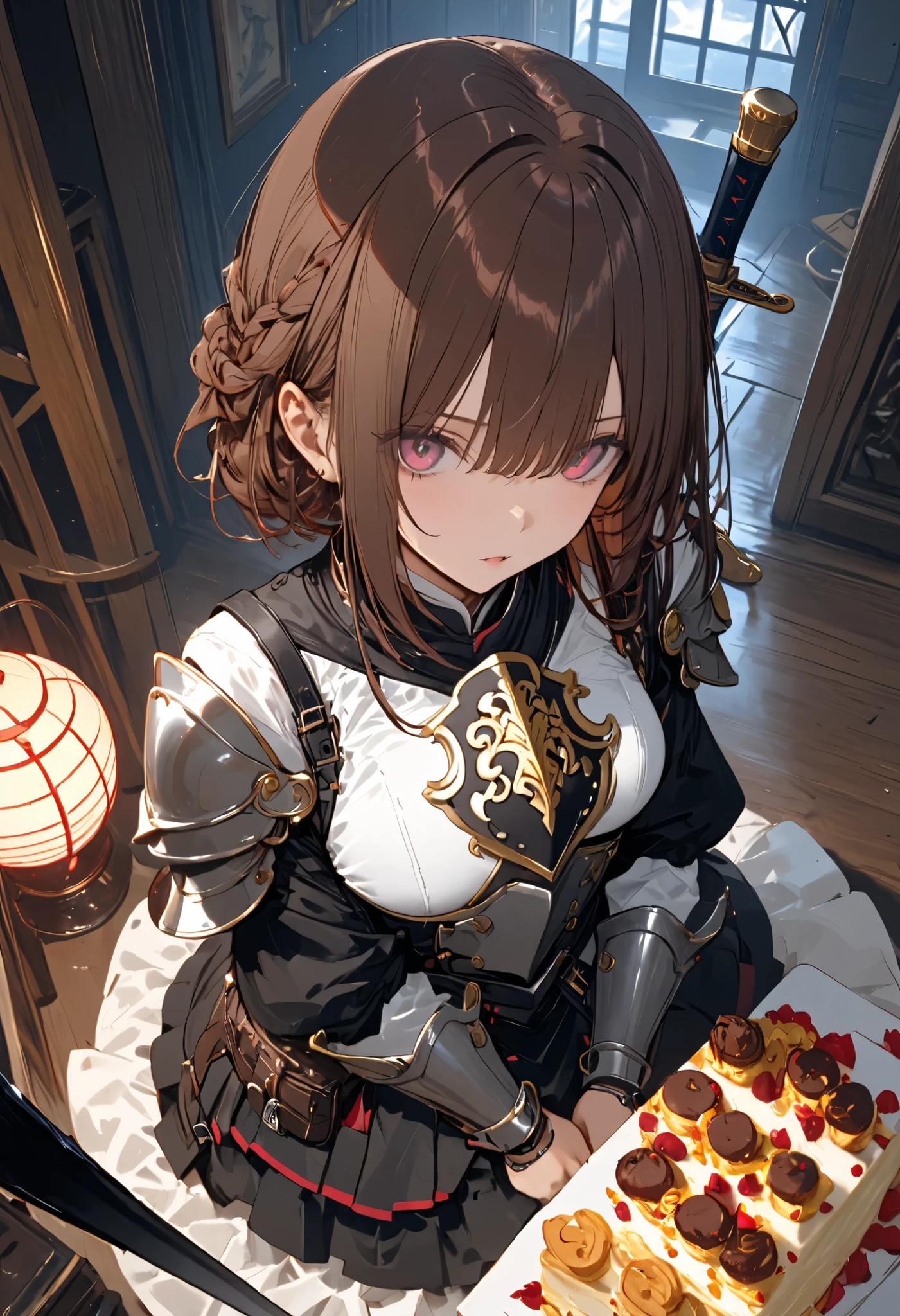 (((Knight of Cakes)))、The personification of a cake、Cookie Armor 、((big black sword))、((swordsman))、There's a big sword stuck in the floor、Beautiful girl、brown hair、Candy Castle、 Cookie Bricks、((from above:1.2)),The Knights in Armor、strong pose、Cream dances、Lantern Light、(masterpiece,Highest Quality,ULTRA DETAIL,超high definition,detailed background),(1girl),watch the viewers,solo,masterpiece，（masterpiece），fuill body ,best quality ，（Highest Quality）， cinematiclighting ，（Cinematic Lights）、beautiful detailed eyes ，eye detail connected to an electric wire，uitra-detailed，（Super Detailed），highresolution， （high definition），8k，8K resolution，official art，（official illustration style），