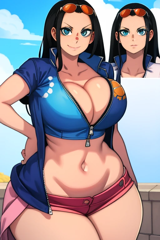 2heads, a chubby woman. With 2 heads. She has . She is in a beach. She is smiling wide. Her  and massive. She is wearing a small brightly-colored  top and jean shorts. .