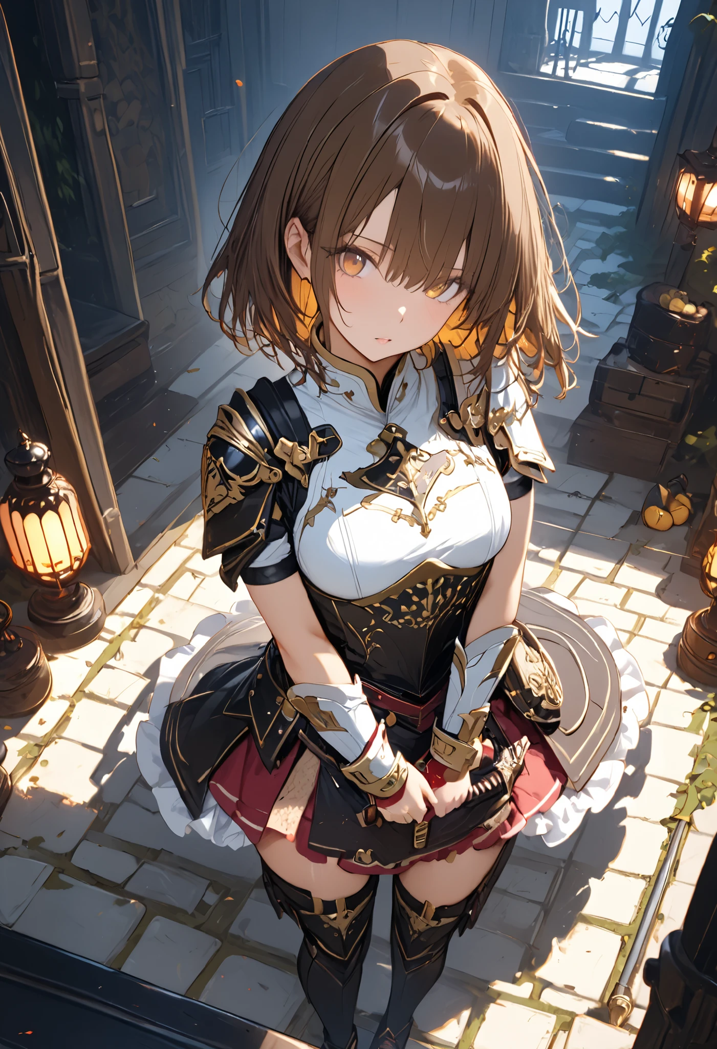 (((Knight of Cakes)))、The personification of a cake、Cookie Armor 、((big black sword))、((swordsman))、There's a big sword stuck in the floor、Beautiful girl、brown hair、Candy Castle、 Cookie Bricks、((from above:1.2)),The Knights in Armor、strong pose、Cream dances、Lantern Light、(masterpiece,Highest Quality,ultra detail,超high definition,detailed background),(1girl),watch the viewers,solo,masterpiece，（masterpiece），fuill body ,best quality ，（Highest Quality）， cinematiclighting ，（Cinematic Lights）、beautiful detailed eyes ，eye detail connected to an electric wire，uitra-detailed，（Super Detailed），highresolution， （high definition），8k，8K resolution，official art，（official illustration style），