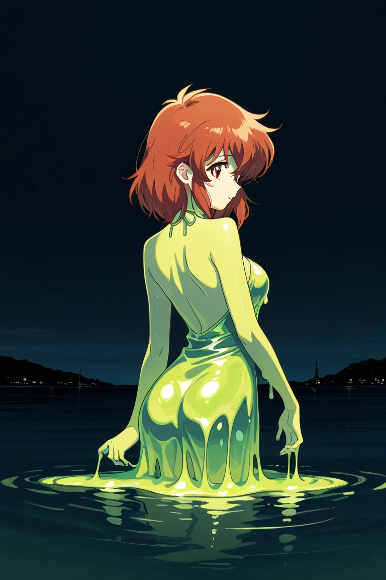 Girl, peach, short hair,tempting medium-sized breasts, ,,  ,hand beside hip,slime , facing the camera  ,doll joint ,standing ,slime  ,Android body part ,angry   ,yellow eye ,tentacle in the  