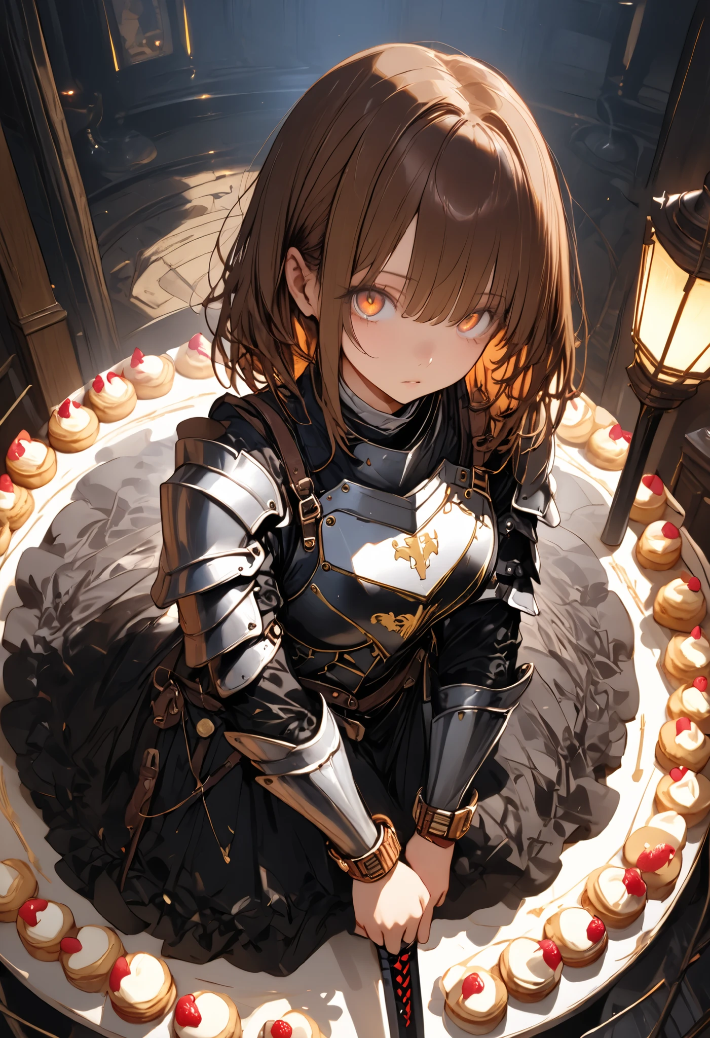 (((Knight of Cakes)))、The personification of a cake、Cookie Armor 、((big black sword))、((swordsman))、There's a big sword stuck in the floor、Beautiful girl、brown hair、Candy Castle、 Cookie Bricks、((from above:1.2)),The Knights in Armor、strong pose、Cream dances、Lantern Light、(masterpiece,Highest Quality,ULTRA DETAIL,超high definition,detailed background),(1girl),watch the viewers,solo,masterpiece，（masterpiece），fuill body ,best quality ，（Highest Quality）， cinematiclighting ，（Cinematic Lights）、beautiful detailed eyes ，eye detail connected to an electric wire，uitra-detailed，（Super Detailed），highresolution， （high definition），8k，8K resolution，official art，（official illustration style），