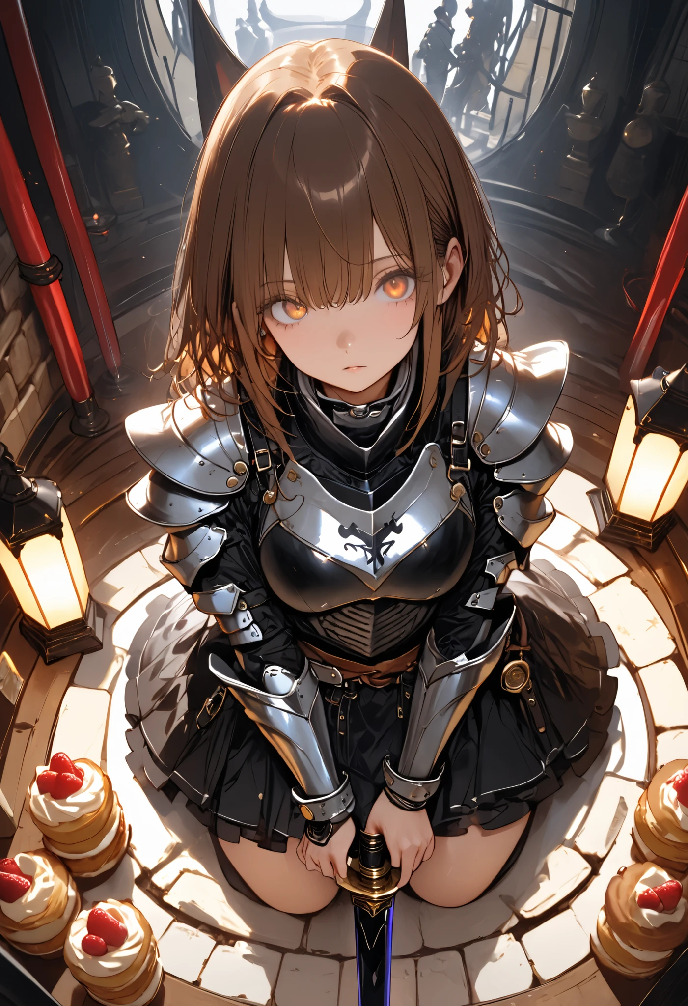 (((Knight of Cakes)))、The personification of a cake、Cookie Armor 、((big black sword))、((swordsman))、There's a big sword stuck in the floor、Beautiful girl、brown hair、Candy Castle、 Cookie Bricks、((from above:1.2)),The Knights in Armor、strong pose、Cream dances、Lantern Light、(masterpiece,Highest Quality,ULTRA DETAIL,超high definition,detailed background),(1girl),watch the viewers,solo,masterpiece，（masterpiece），fuill body ,best quality ，（Highest Quality）， cinematiclighting ，（Cinematic Lights）、beautiful detailed eyes ，eye detail connected to an electric wire，uitra-detailed，（Super Detailed），highresolution， （high definition），8k，8K resolution，official art，（official illustration style），