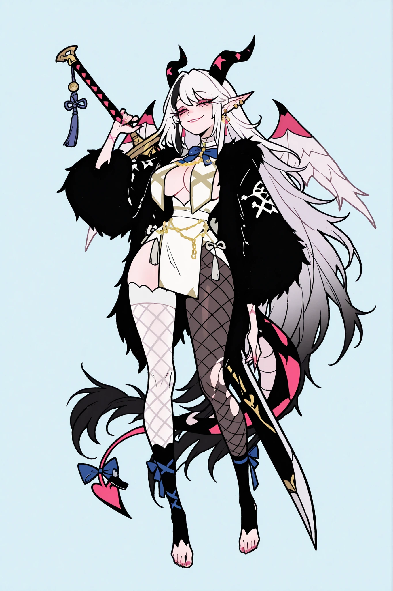   8k wallpaper、    top quality 、masterpiece,   748cm スThailandル   、sexy black bralette dress with fishnet top beneath,   woman 1 person、ribbon、piercings and earrings on her ears,  pointy elf ears, black ripped pelvic curtain dress、 cute black oversized coat with puffy sleaves with open sholders, chains and Accessories on clothes,  dark pantyhose and fishnet、 black knee socks 、rororogi mogera、 style strap 、 Thailand、  pantyhose、、black hair with gray tips and gold  lines、 albino eyelashes   、   long hair falling down her chest、  Underbob  、blue ribbon bow in the head、  Pretty blueish purple Eyes、  wide hips、Protruding thighs   、 pale pinky skin,   very big breasts 、close up,  Light blue background 、open chest area dress,   simple background、lazy smile、 high detail design, standing up、boob window, leaning down towards the camera, making a cute pose with her hands, fullbody, , huge sword on her back, punk style clothes, chest fishnet top, fishnet stocking, big cute , wings behind her ears, demon girl, five big octopus tails behind her, black horns, goat eyes, five octopus tails, big hair. heavenly divine dragon girl, white huge dragon horns with golden ends, big dragon tail, white hair, ver long hair, thick hair, very big breast, green-blue gradient dragon eyes, white dragon sexy revealing outfit with breast curtains, white nylon stockings, white choker, sexy white cheongsam dress with gold details, taliman paper on her , fullbody, head to toe, dark dragon scales on her legs, bare feet, exposed toes