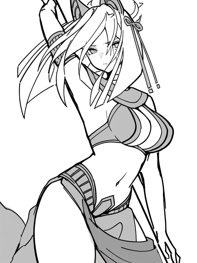 1old woman,(((solo))),mature female,40 years old,(no hair on the forehead),(white background,line drawing),(((naked body))),long hair,white hair,angry,mouth veil,cowboy shot