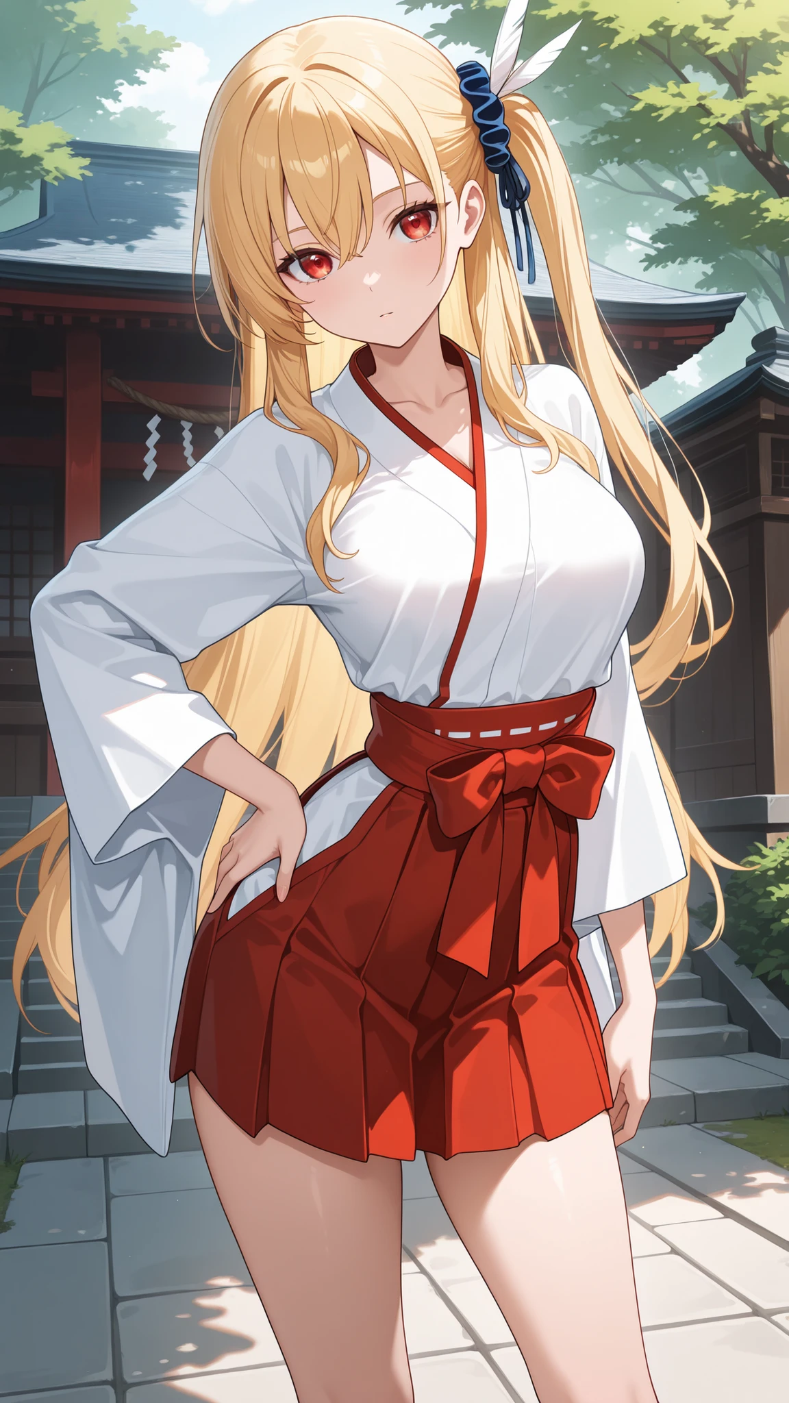 masterpiece,best quality,highre,ultra-detailed,detailed illustration,source_anime,1woman,solo,sen3alisa,blonde hair,side ponytail,long hair,red eyes,highly detailed eyes,scrunchie,feather hair ornament,collarbone,miko,red hakama short skirt,outdoor,contrapposto, arched back, hand on hip, legs apart,