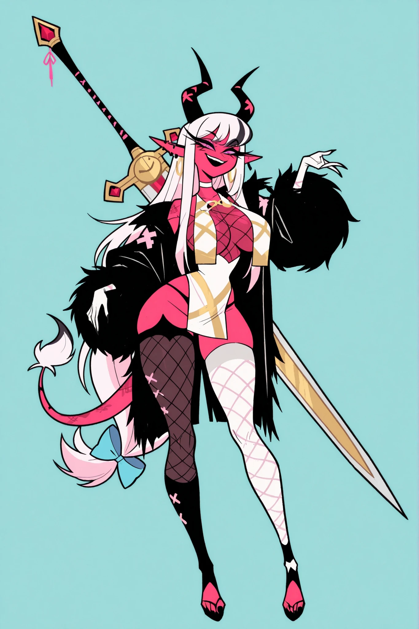   8k wallpaper、    top quality 、masterpiece,   748cm スThailandル   、sexy black bralette dress with fishnet top beneath,   woman 1 person、ribbon、piercings and earrings on her ears,  pointy elf ears, black ripped pelvic curtain dress、 cute black oversized coat with puffy sleaves with open sholders, chains and Accessories on clothes,  dark pantyhose and fishnet、 black knee socks 、rororogi mogera、 style strap 、 Thailand、  pantyhose、、black hair with gray tips and gold  lines、 albino eyelashes   、   long hair falling down her chest、  Underbob  、blue ribbon bow in the head、  Pretty blueish purple Eyes、  wide hips、Protruding thighs   、 pale pinky skin,   very big breasts 、close up,  Light blue background 、open chest area dress,   simple background、lazy smile、 high detail design, standing up、boob window, leaning down towards the camera, making a cute pose with her hands, fullbody, , huge sword on her back, punk style clothes, chest fishnet top, fishnet stocking, big cute , wings behind her ears, demon girl, five big octopus tails behind her, black horns, goat eyes, five octopus tails, big hair. heavenly divine dragon girl, white huge dragon horns with golden ends, big dragon tail, white hair, ver long hair, thick hair, very big breast, green-blue gradient dragon eyes, white dragon sexy revealing outfit with breast curtains, white nylon stockings, white choker, sexy white cheongsam dress with gold details, taliman paper on her , fullbody, head to toe, dark dragon scales on her legs, bare feet, exposed toes