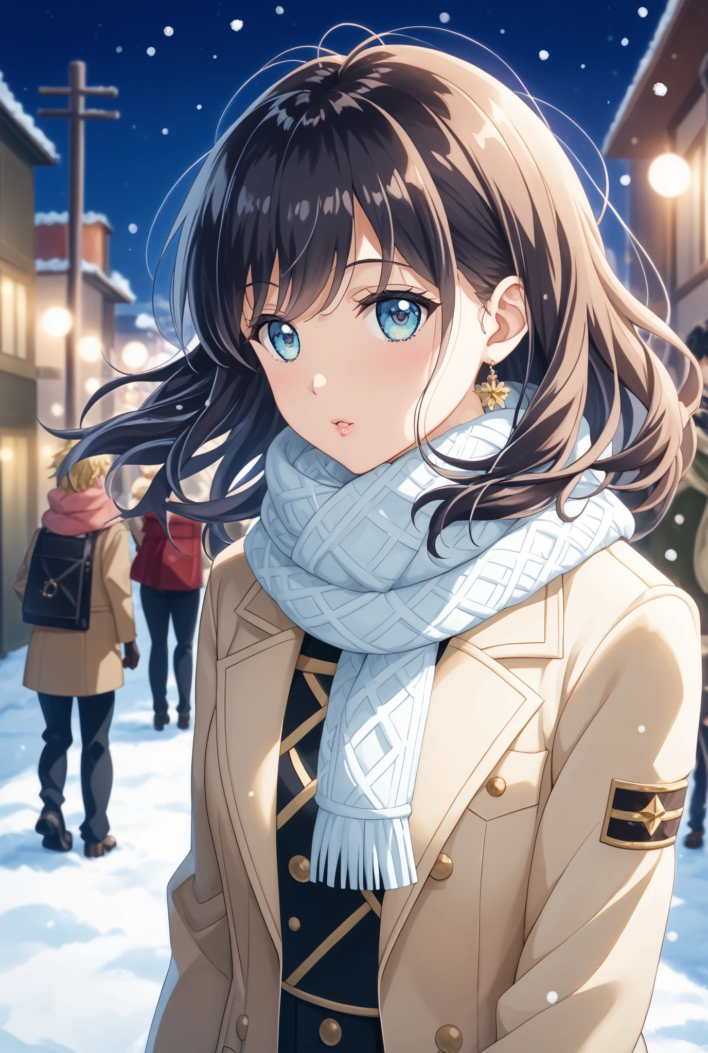 A 28-year-old Japanese woman standing near the Sapporo streetcar in a snowy evening cityscape, soft snow falling under warm amber lights, cinematic lighting, gentle expression, cozy winter outfit (beige coat, knit scarf, gloves), delicate hair blowing in the wind, background blurred with bokeh city lights, photo-realistic, dreamy mood, emotional atmosphere, shallow depth of field, winter night aesthetic, high detail, natural skin tone, artistic photography style
日本語補足:
雪の札幌市電のそばに立つ28歳の日本人女性。
やわらかな雪が舞う夕方、街灯が暖かく輝くシーン。
ベージュのコートにニットのマフラー、風に少し髪が揺れる。
映画のようなライティングで、幻想的かつ写実的に。