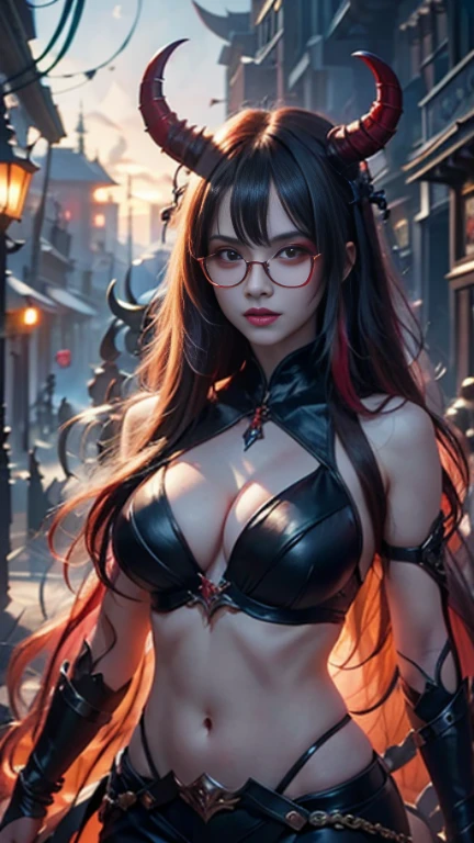 Fine、(The best illustrations)、8k UHD resolution、intricate-detail、top-quality、realisitic、ultra-detailliert、The best lighting、Best Shadows、Soft lighting、Ulutra HD、1 beautiful devil woman from hell, surreal female portraits by David Hockney and Alphonse Mucha, Fantasy Art, Chinese Doll、Dungeon and Dragon、Devil's Palace、Devil's  Chamber、magia、 A Necromancer、natta、Dark style、Succubus、Devil's Daughter、Bat Wings，(((Demon Horns)))、((((black-rimmed round glasses))))、(((Colossal tits)))、(Devil's Tail)、(red eyes glowing:1.6)、 intricate tattoos, demonic intricate tattoos, thigh tattoos, body tattoos, ​masterpiece、beautiful countenance、Muscular  body、The enchanting body of the devil、Seductive Black Magic Costume、A shiny red snake is wrapped around her hand、Tindall Effect、photos realistic、(High Detail Skins:1.2)、 (Intricate details, makeup, pureerosface_v1:0.5), (Detailed beautiful delicate face, Detailed beautiful delicate eyes, A perfectly proportioned face, High detailed skin, Detailed skin, best ratio four finger and one thumb, arms below , Tattoo with a red glow under the stomach、Awesome awesome, wide , smooth midriff, skiny and thin, __Fashion__, __hair__:1.25)、Digital SLR、hightquality、a picture、hight resolution、 absurderes、Ponytail distortion、女の子1人、Red sparkling gemstone necklace、jewely、Beautiful expression、Body Up、Large  emphasis、Toned waist、Wide buttocks、Devil's Tail、intricate tattoos, demonic intricate tattoos, thigh tattoos, body tattoos, effect、Photorealsitic、(High Detail Skins:1.2)、In the Dark, lowkey, cowboy lens, (Black Phoenix Dress: 1.0),  Black Magic Costume、Long hair, Black hair, Bust, Devil's Palace, devil crown, red eyes make up very sharp and detailed, The most beautiful face, Super tight ,  augmentation surgery, The  are very big and round and round, Black magic costume、Super realistic , Charming smile, The eyes are very well made up, ((Red Eye:1.0)), guweiz, devil style,Muscular  body、 wearing black m