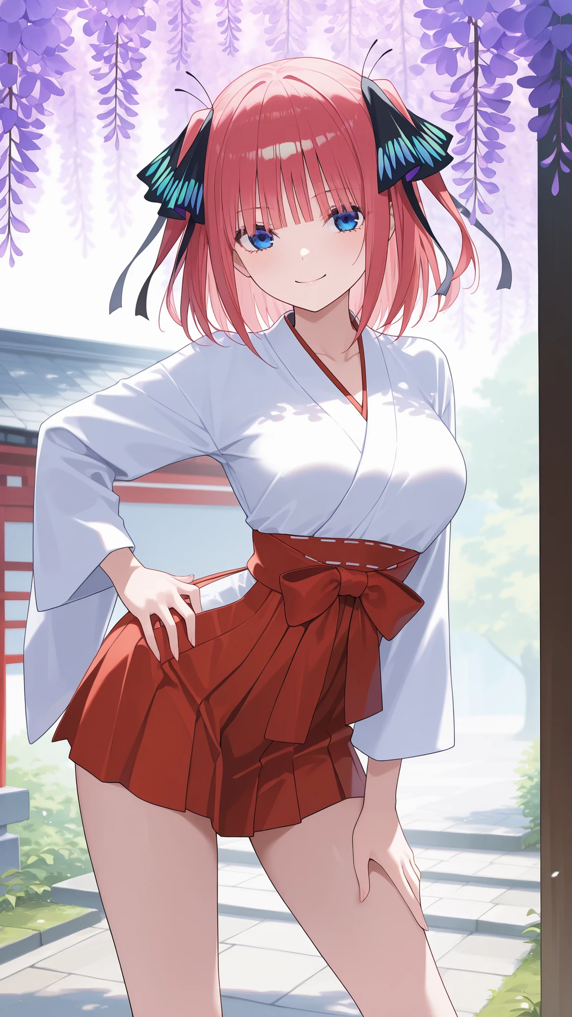 masterpiece,best quality,highre,ultra-detailed,detailed illustration,source_anime,1girl,solo,nino nakano,pink hair,blunt bangs,hair ornament,butterfly hair ornament,black ribbon,hair ribbon,blue eyes,two side up,short hair,red hair,blue eyes,highly detailed eyes,collarbone,miko,red hakama short skirt,outdoor,contrapposto,arched back,hand on hip,hand on own thigh,legs apart,looking at viewer,smile,wisteria,