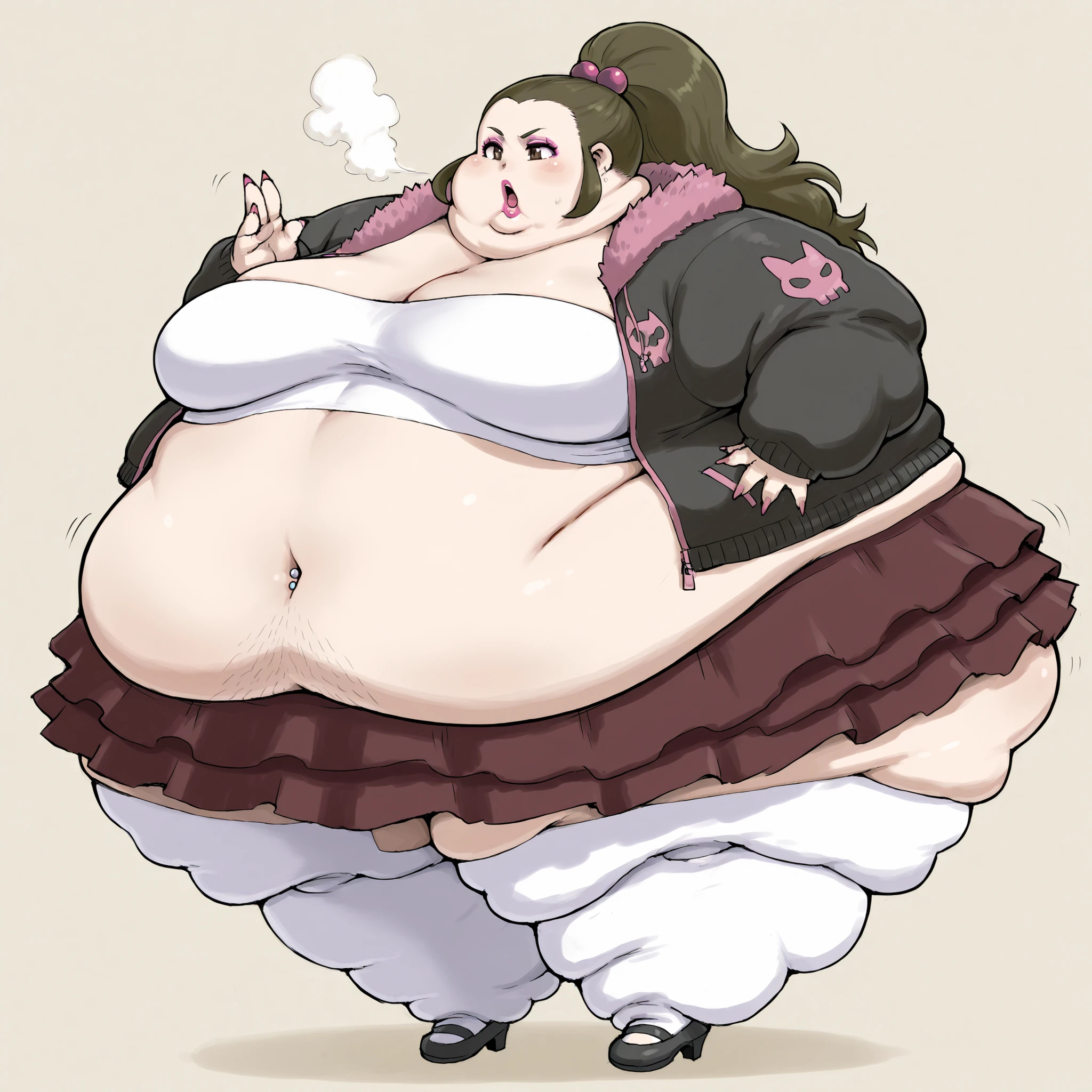 schoolkid,hair bobbles, furr jacket, tube top, midriff, belly button piercing, skirt, stockings, high heels, long nails, makeup, lipstick, fat, chubby, obese, fat neck, multiple chins, big breasts open mouth, out of breath, Larger female, full body shot, only head, large head, oversized limbs, large hands, large feet, oversized feet, oversized fingers, big lips, plump lips, fat face, fupa, big fupa, fat fupa, hunchback, pubic hair, hairy 