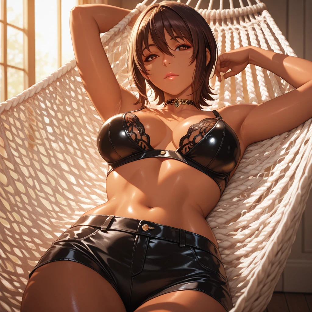 Japanese Beauty,Brown Bikini,(Wear a gun belt with a gun in a holster around your waist),(Wear western boots),Watch on wrist,Being drunk,Strong hiccups,indoor,Above the knee shot,Lying in bed,Ultra-high resolution,16K