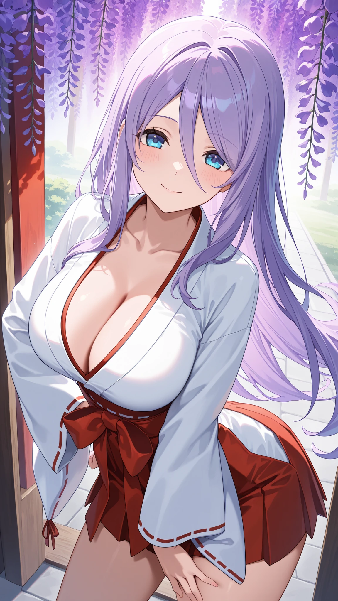 masterpiece,best quality,highre,ultra-detailed,detailed illustration,source_anime,1girl,solo,Shizuru,purple hair, long hair, blue eyes,highly detailed eyes, hair between eyes,collarbone,miko,red hakama short skirt,outdoor,contrapposto,arched back,hand on hip,hand on own thigh,legs apart,looking at viewer,smile,wisteria,cleavage,