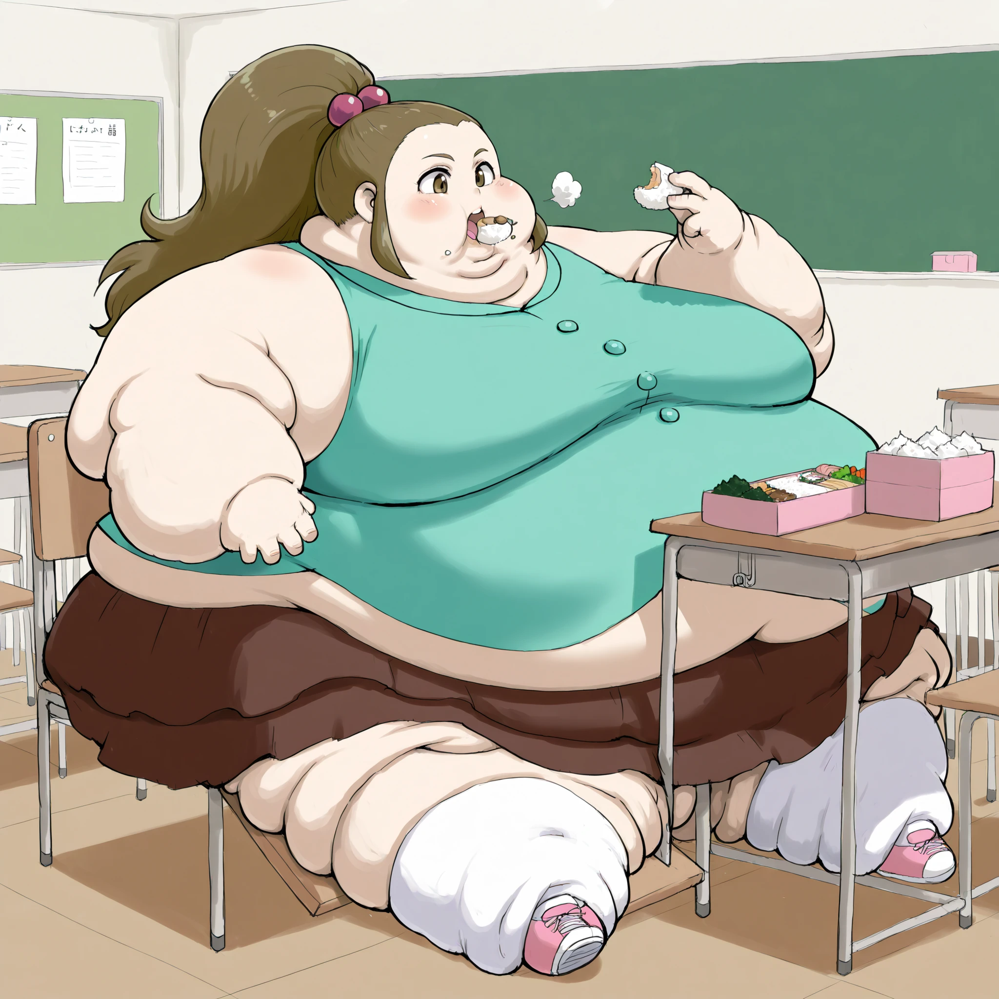 schoolkid time,hair bobbles,sleeveless shirt,brown skirt,kneehighs, sneakers, classroom, fat, chubby, obese, fat neck, multiple chins, big breasts open mouth, out of breath, Larger female, full body shot, only head, large head, oversized limbs, large hands, large feet, oversized feet, oversized fingers, big lips, plump lips, fat face, fupa, big fupa, fat fupa, sitting on chair, sitting down, table, home, dining room, in front of tones of food, bento box, eating food, food in mouth, (, full mouth, food, eating), rush of food, reclining back on chair, Extremely obese　puffy puffy fat　Body Length