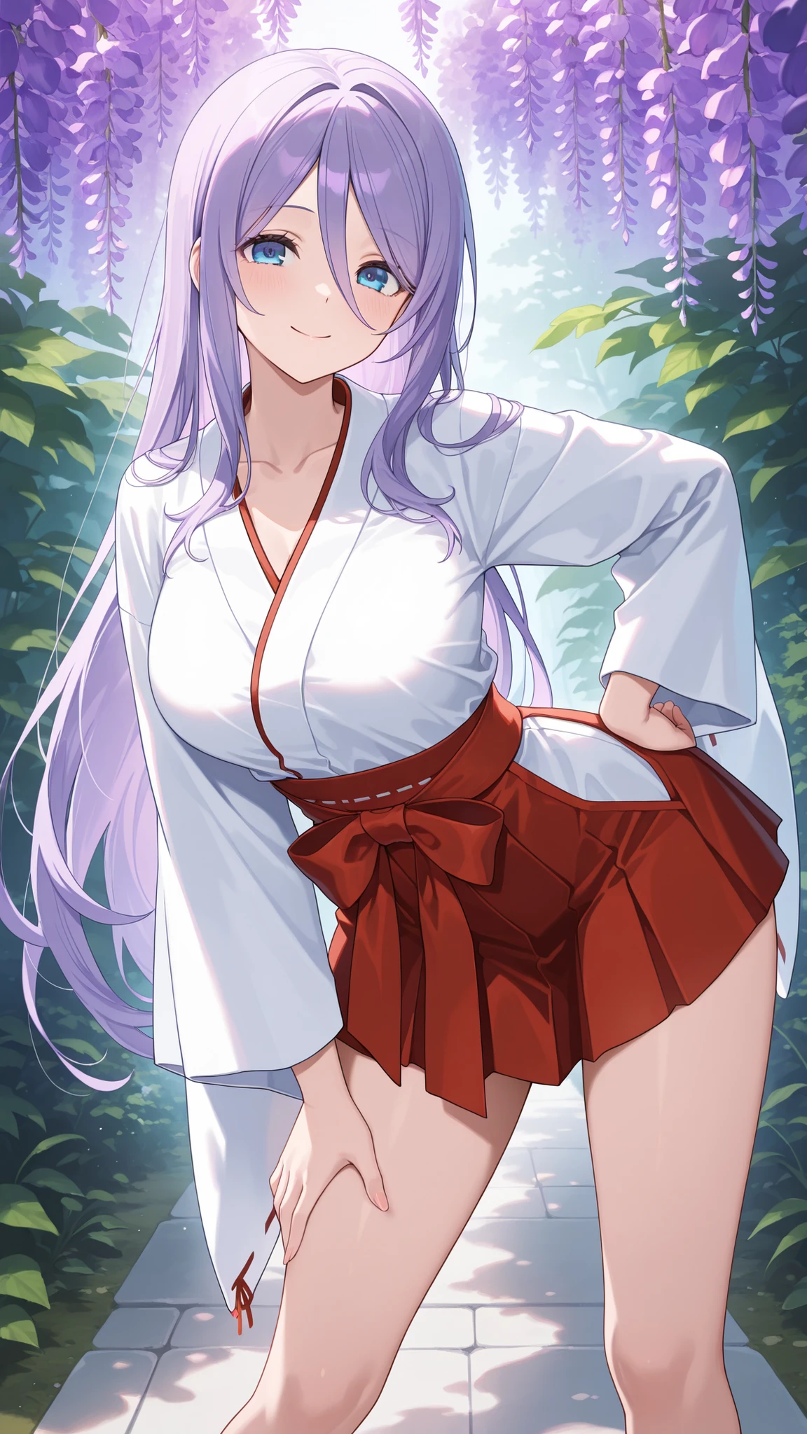masterpiece,best quality,highre,ultra-detailed,detailed illustration,source_anime,1girl,solo,Shizuru,purple hair, long hair, blue eyes,highly detailed eyes, hair between eyes,collarbone,miko,red hakama short skirt,outdoor,contrapposto,arched back,hand on hip,hand on own thigh,legs apart,looking at viewer,smile,wisteria,