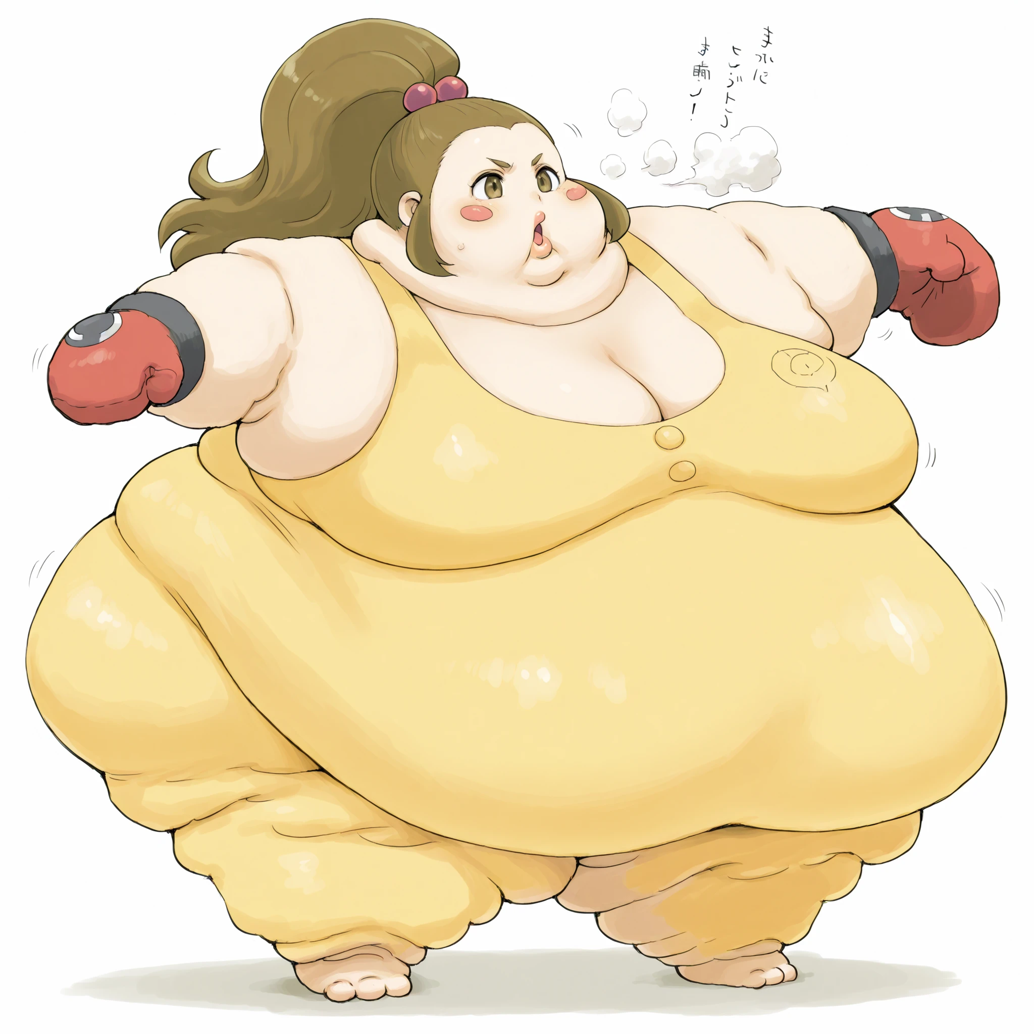 Makuhita_pkmn, yellow body, black marking, black boxing glove hands, knot on head, red circle on cheeks, schoolkid,hair bobbles, fat, chubby, obese, fat neck, multiple chins, big breasts open mouth, out of breath, Larger female, full body shot, only head, large head, oversized limbs, large hands, large feet, oversized feet, oversized fingers, big lips, plump lips, fat face, fupa, big fupa, fat fupa, 