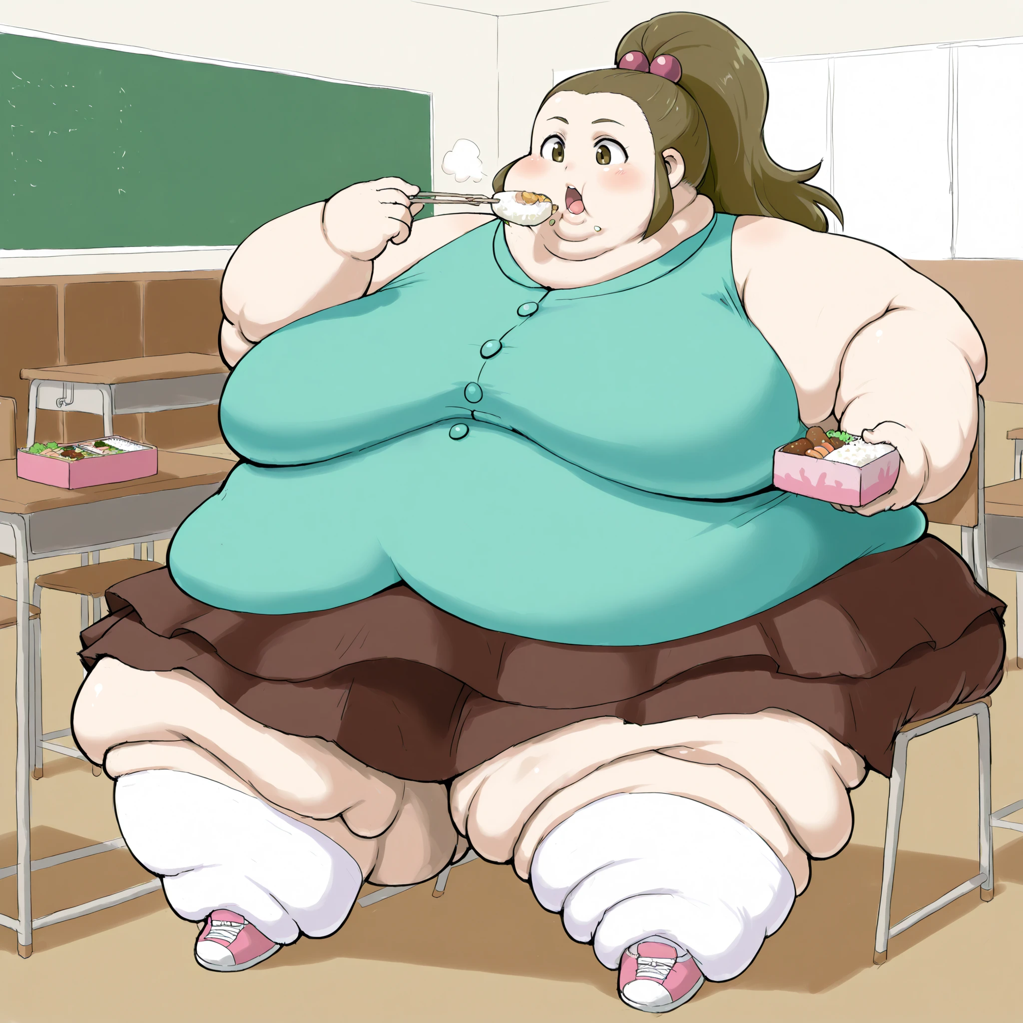 schoolkid time,hair bobbles,sleeveless shirt,brown skirt,kneehighs, sneakers, classroom, fat, chubby, obese, fat neck, multiple chins, big breasts open mouth, out of breath, Larger female, full body shot, only head, large head, oversized limbs, large hands, large feet, oversized feet, oversized fingers, big lips, plump lips, fat face, fupa, big fupa, fat fupa, sitting on chair, sitting down, table, home, dining room, in front of tones of food, bento box, eating food, food in mouth, (, full mouth, food, eating), rush of food, reclining back on chair, Extremely obese　puffy puffy fat　Body Length