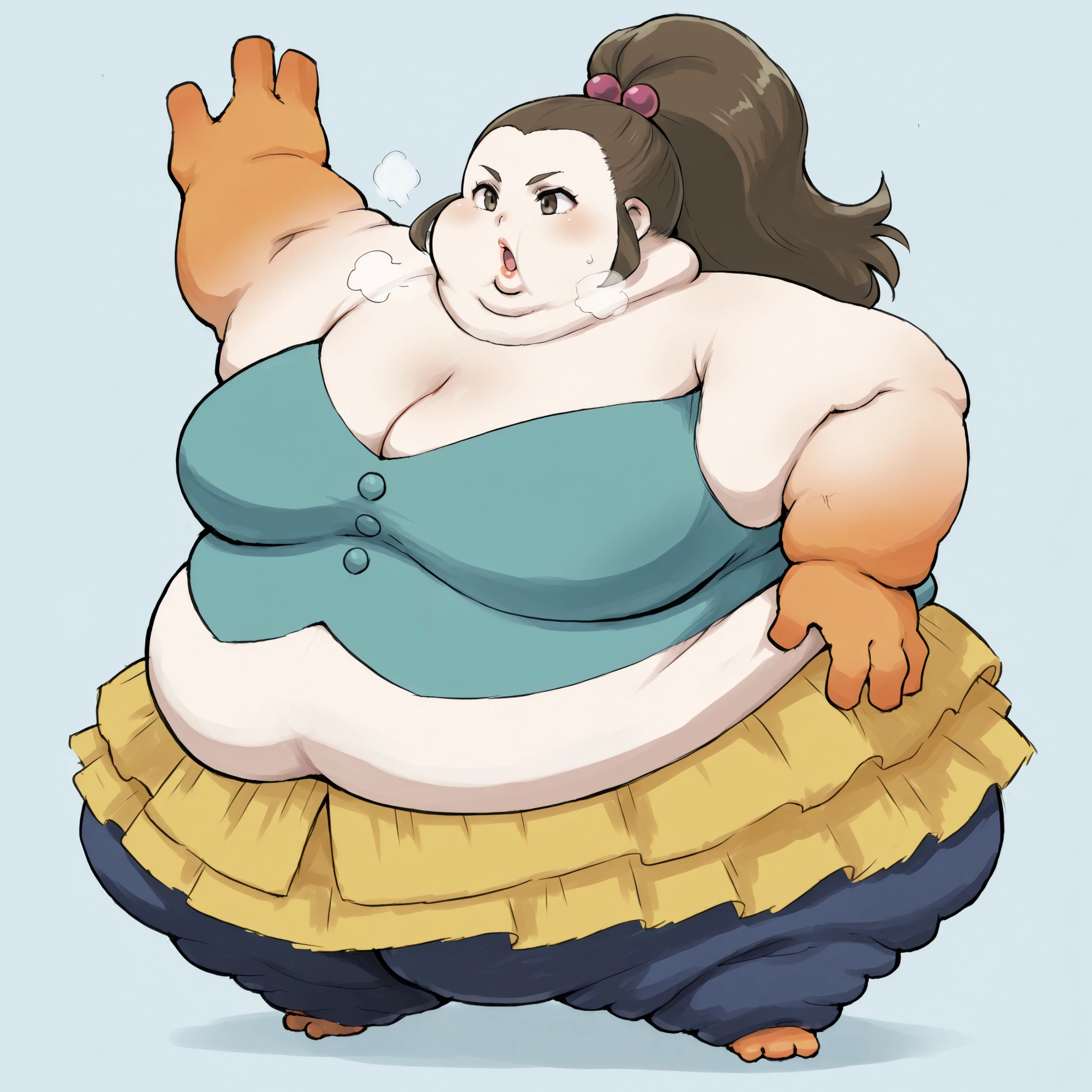 Hariyama_pkmn, orange hands, orange feet, orange abdomen, yellow frills, blue legs, blue eyebrows, three fingers, schoolkid,hair bobbles, fat, chubby, obese, fat neck, multiple chins, big breasts open mouth, out of breath, Larger female, full body shot, only head, large head, oversized limbs, large hands, large feet, oversized feet, oversized fingers, big lips, plump lips, fat face, fupa, big fupa, fat fupa, 