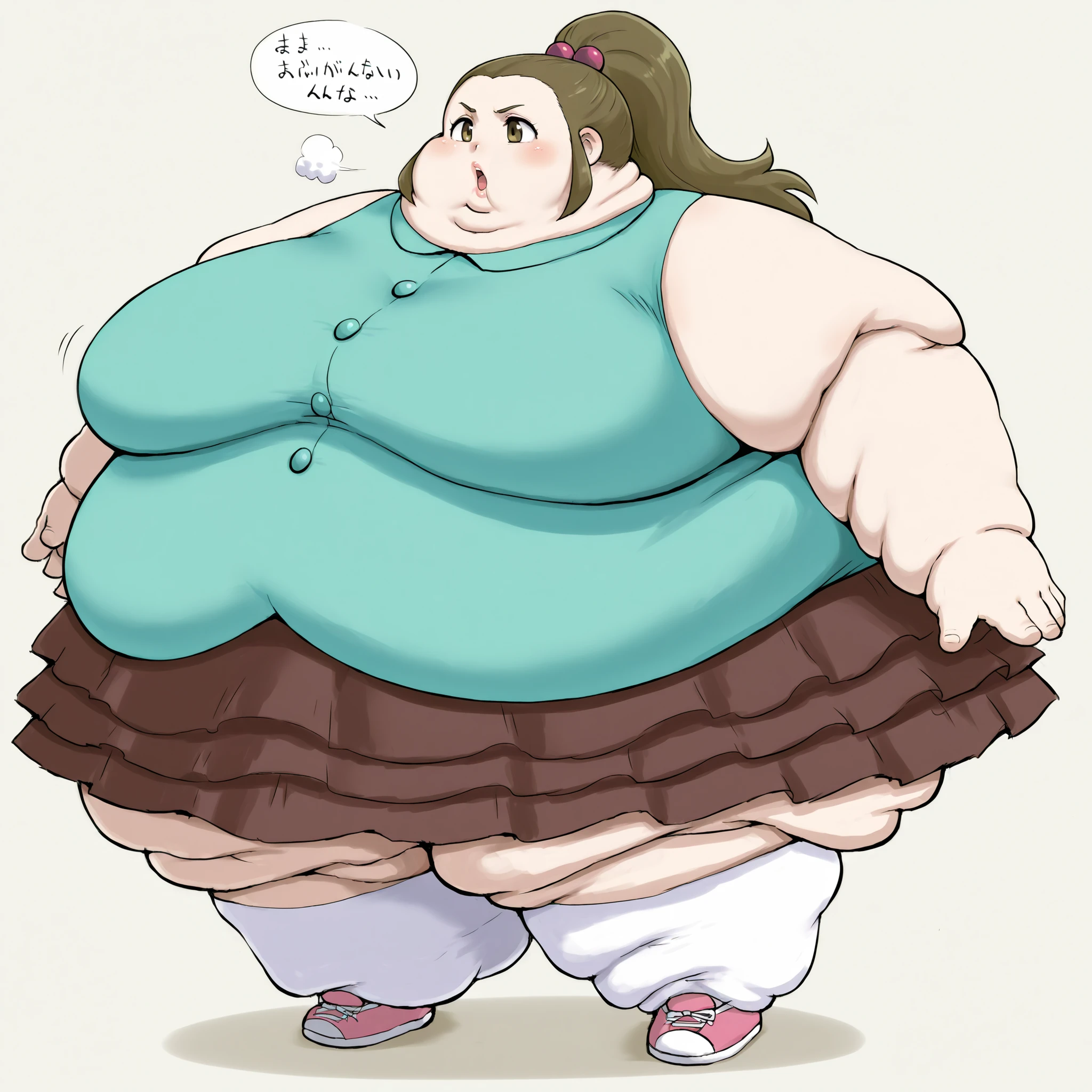 schoolkid time,hair bobbles,sleeveless shirt,brown skirt,kneehighs, sneakers, fat, chubby, obese, fat neck, multiple chins, big breasts open mouth, out of breath, Larger female, full body shot, only head, large head, oversized limbs, large hands, large feet, oversized feet, oversized fingers, big lips, plump lips, fat face, fupa, big fupa, fat fupa, hunchback, 