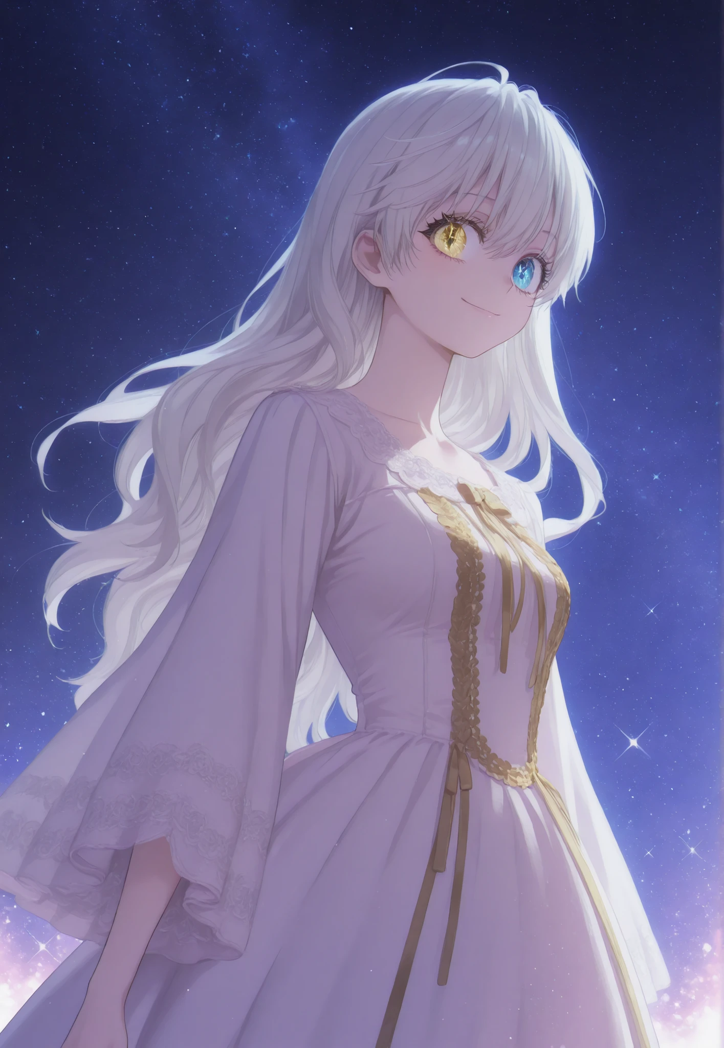 Masterpiece, newest, HD quality, safe, good anatomy, good lighting, good resolution, beautiful, Anime. Long white hair. Heterochromia: Right eye sky blue and left eye golden yellow, sparkle in the eyes, genuine smile. Dark eyelashes, fair skin, slender build, medium breasts Size C. She is 18 years old and 1.66 meters tall. Looking at the viewer, alone. Background: Starry and bright night background. Wearing: Victorian white dress, wide sleeves with elaborate embroidery, embroidered with gold thread.