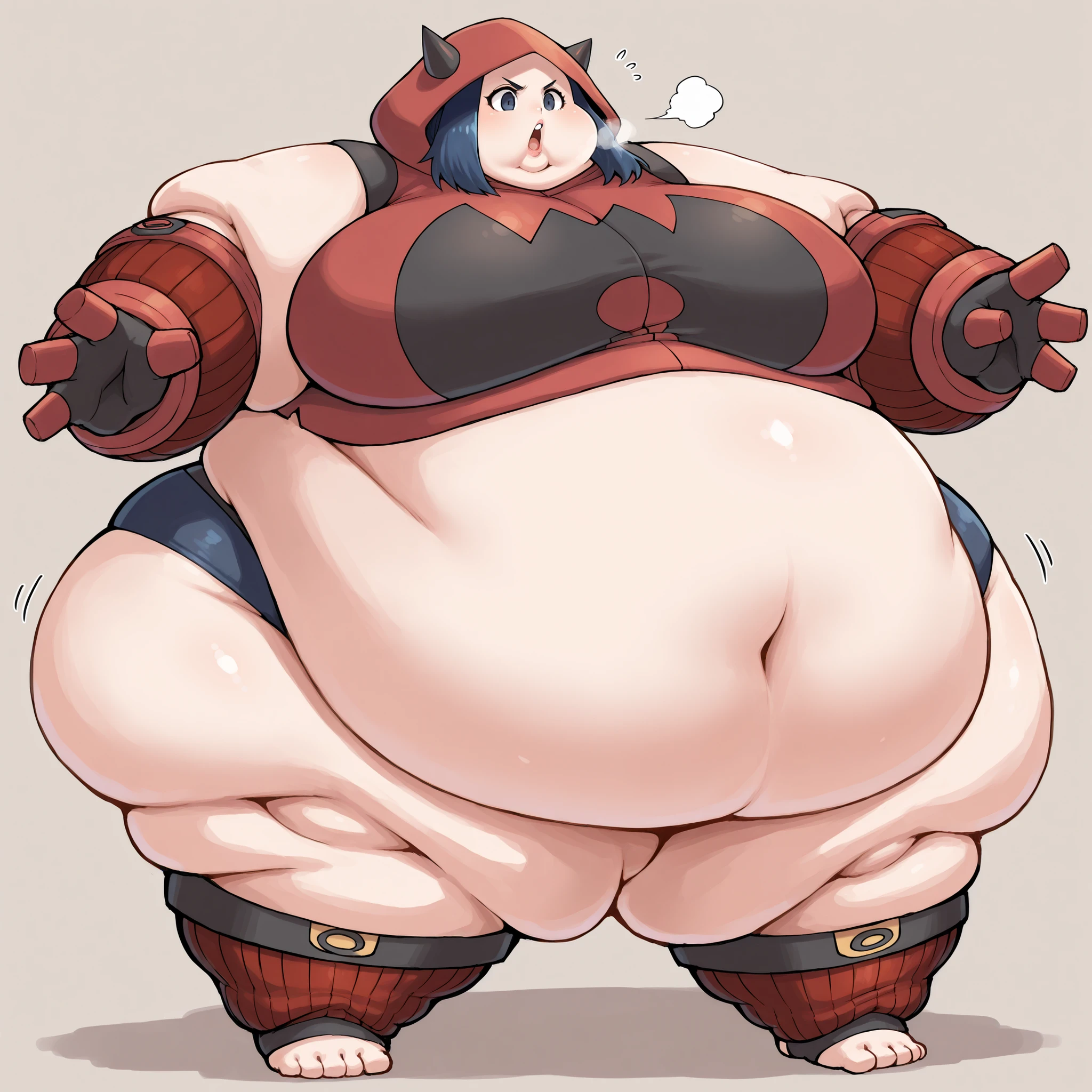 tmgrnt, dark blue hair, forehead, dark blue eyes, big breasts, hood up, fake horns, hooded vest, ribbed sweater, red hoodie, red sweater, red gloves, fat, chubby, obese, fat neck, multiple chins, big breasts open mouth, out of breath, Larger female, full body shot, only head, large head, oversized limbs, large hands, large feet, oversized feet, oversized fingers, big lips, plump lips, fat face, fupa, big fupa, fat fupa, hunchback, 