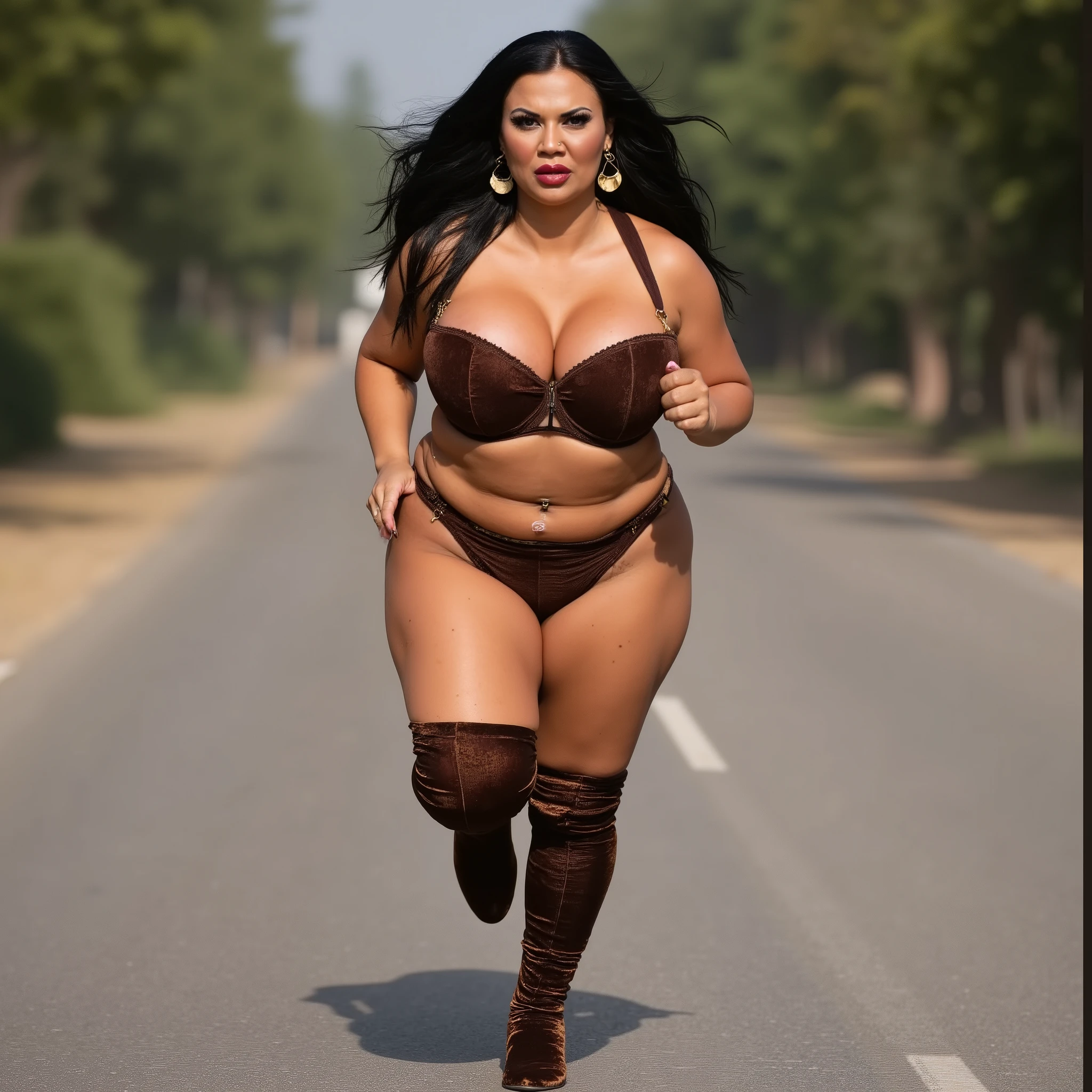 full body shadow of road .full body closeup image .Mature chubby thick women running very fast sprinting on empty indian road. Full body shadow on floor. Tall Thick body woman in brown horizontal pattern velvet bra. Matching brown solid velvet high cut string thong. Most Thighs visible . beautiful body curves. Wearing knee high brown pure raw velvet boots. thick stocky thighs. Wide hips . Huge chest . deep red lipstick. Heavy black eye shadow .very heavy Black mascara .fake long nails , fake big eyelashes. gigantic Huge round gold earrings. very long hair upto waist like medusa . Intense angry look. heavy makeup Sharp detailed 8k image .detailed face. Full body visible. full body shadow on floor . Non nude image. non nude image. Clear 8k image. non blurry image. HD image.