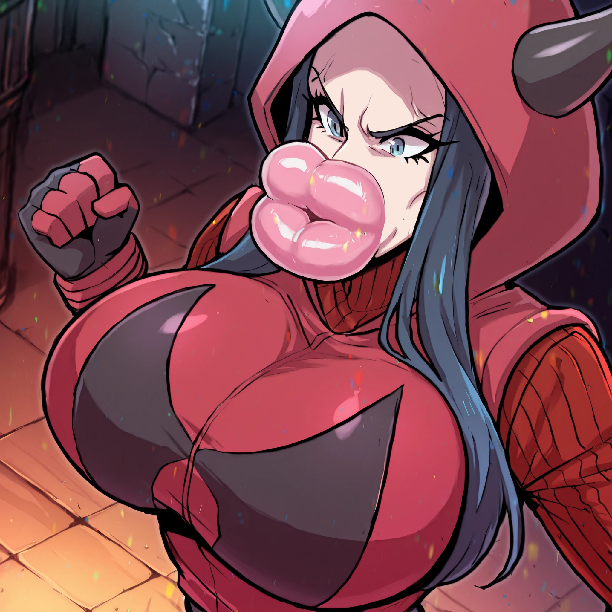 tmgrnt, dark blue hair, forehead, dark blue eyes, big breasts, hood up, fake horns, hooded vest, ribbed sweater, red hoodie, red sweater, red gloves,, hyper lips,

BREAK, [[score_9, score_8_up, source_cartoon, in focus + sharp focus, best quality, official art, masterpiece, highly quality, highres, high quality, best quality, absurdres, intricate detail + accurate details, masterful composition, dynamic angle, detailed background]],
