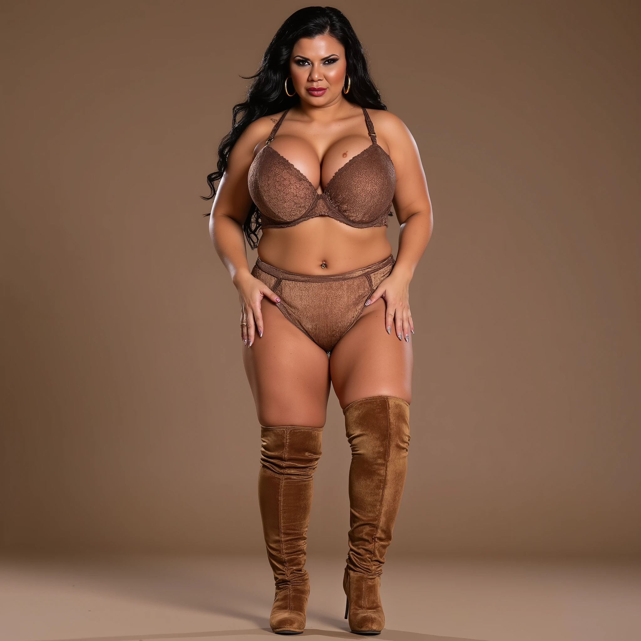 full body shadow of ground . knee high velvet boots full body closeup image .Mature chubby thick women doing high jump in olympics. Full body shadow on ground. Tall Thick body woman in light brown horizontal pattern velvet bra. Matching light brown solid velvet high cut string thong. Most Thighs visible . beautiful body curves. Wearing knee high light brown pure raw leather boots. thick stocky thighs. Wide hips . Huge chest . deep red lipstick. Heavy black eye shadow .very heavy Black mascara .fake long nails , fake big eyelashes. gigantic Huge round gold earrings. very long hair upto waist like medusa . Intense angry look. heavy makeup Sharp detailed 8k image .detailed face. Full body visible. full body shadow on floor . Non nude image. non nude image. Clear 8k image. non blurry image. HD image.