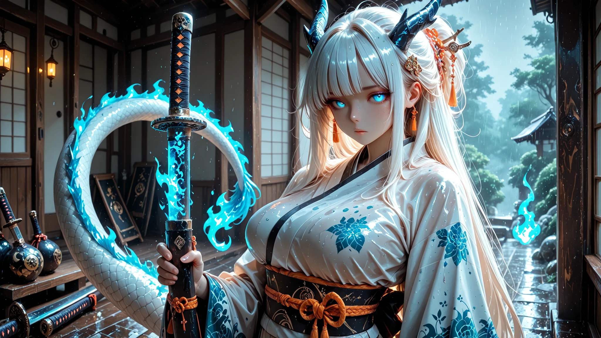 Masterpiece , sleepy appearance , a girl , solo , absurdres , a girl , weapons , Sword , blue-eyed , solo , horn , Japanese style clothes , kimono , Tail , katana , pony Tail , white hair , looking at the viewer , rain , bangs , Hair jewelry , glowing , sash , dragon girl , long sleeves , in hoa , dragon Tail , Mouth Closed , obi , blue fire , long hair , dragon horn , wide sleeves , upper body , big