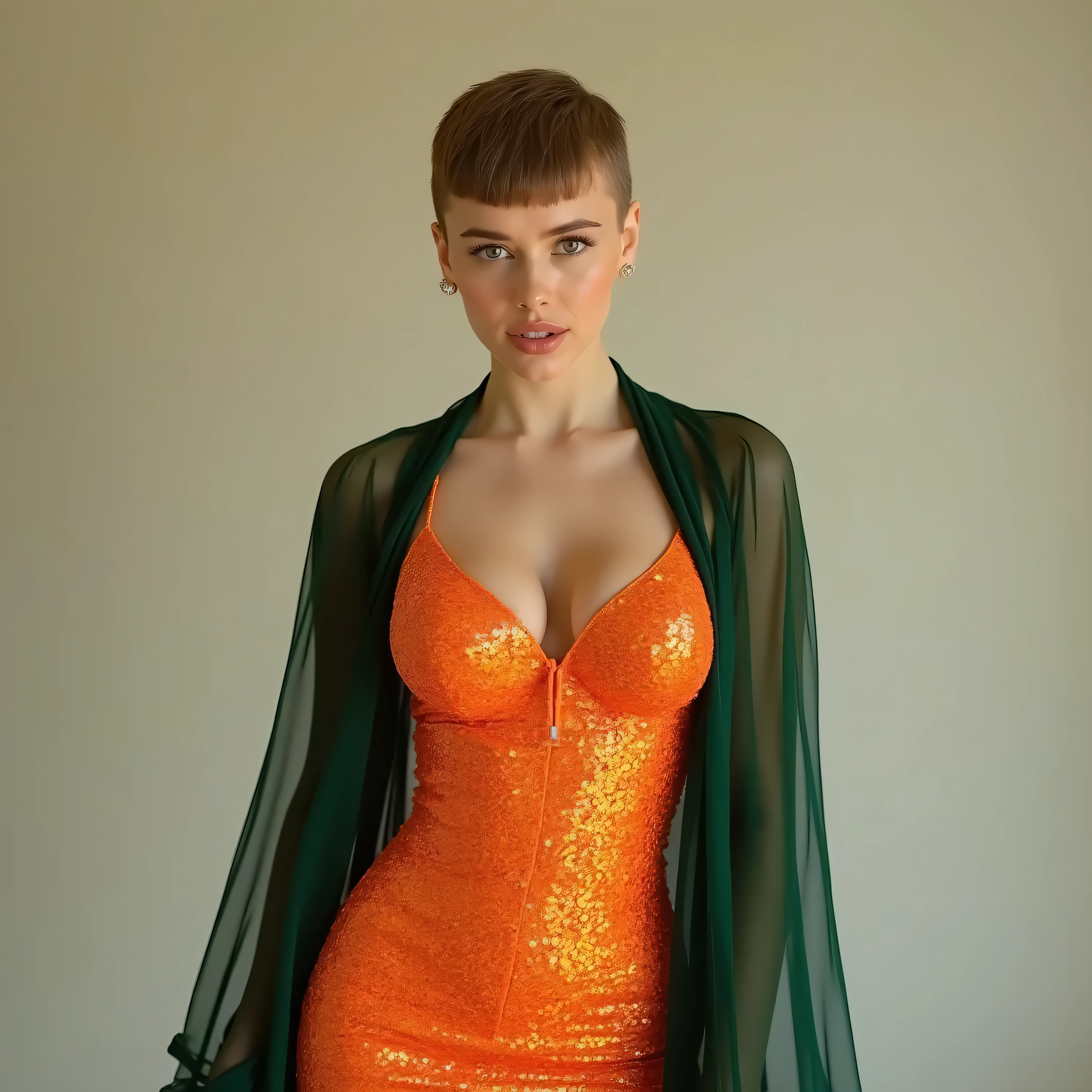 A realistic, high resolution photograph of a short, beautiful Caucasian woman in her 20's; full body frontal view facing the camera with her arms at her side, looking at the camera. There is extra space in the photo above her head. She has a short, hourglass, fashion model figure with large rounded, uplifted breasts, large hips, and a slim waist. She has very short straight chestnut brown hair in a straight pixie cut with shaved sides and a side part. She has a perfect, beautiful face, thin lips, a small nose, a short, bull neck, and ears that lay close to her skull. She has green eyes and a vanilla complexion. Her lips are closed and she has an amused smirk. She is wearing a glittering long sleeved tangerine orange bodycon mini dress and a dark green chiffon wrap that covers almost all of her arms. Her breasts are well defined beneath the clothing and you can see a bit of cleavage. There is no one else in the photo. There is extra space above the subject’s head and centered composition — suitable for magazine-style layout or cinematic framing.